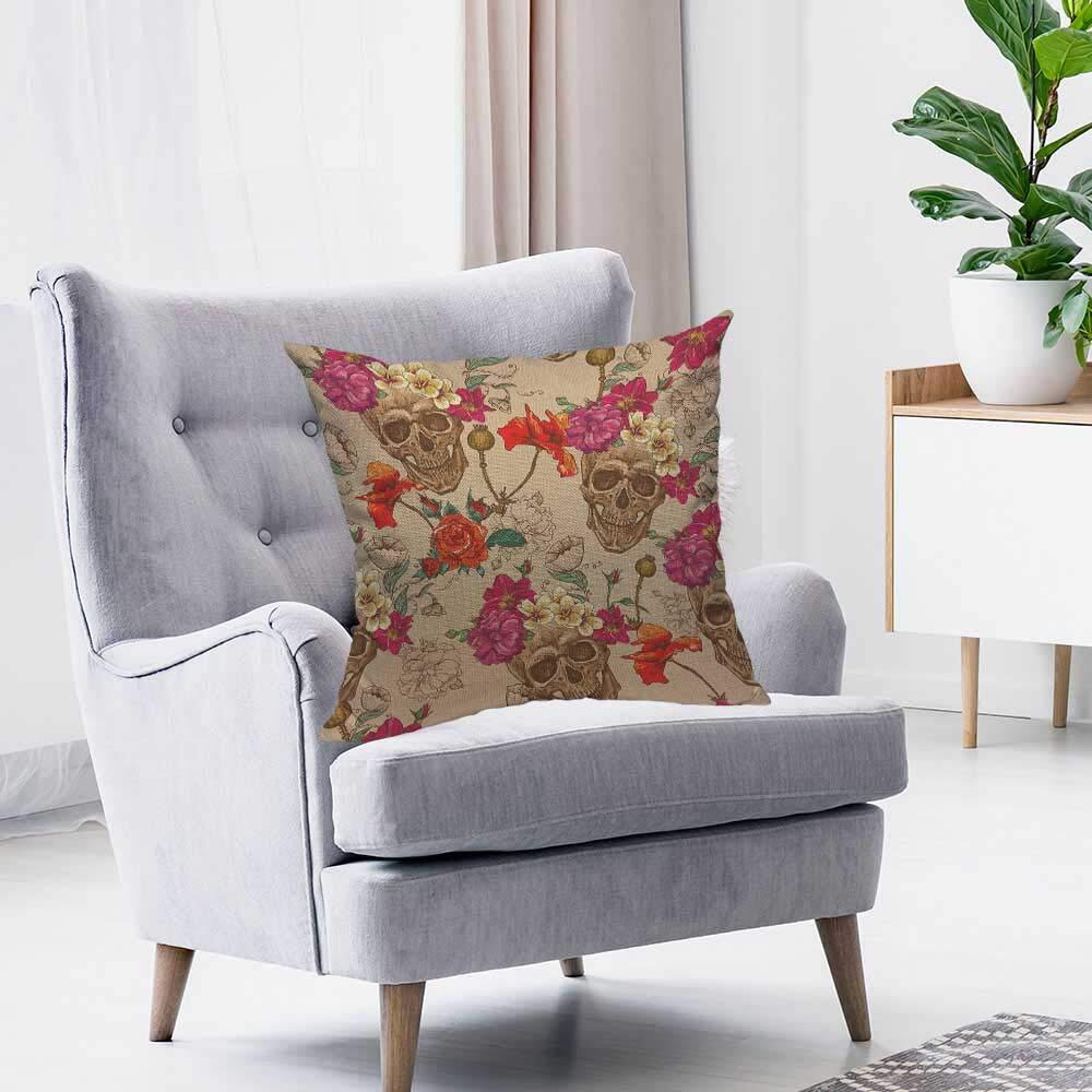 Hosnye Skull And Flowers Throw Pillow Case Cushion Covers Sugar Skull Smiles Mexican Festival Halloween Cotton Linen For Couch Bed Sofa Car Waist 18 X 18 Inch