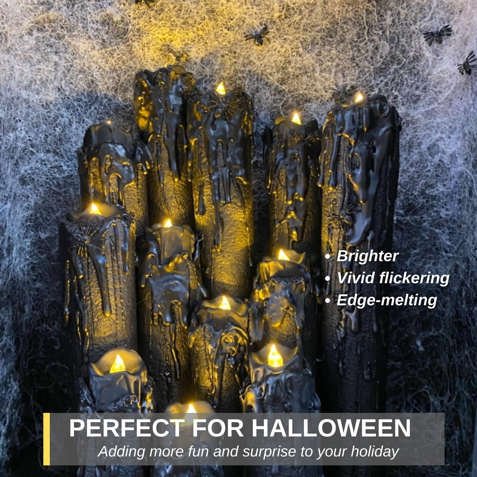 Homemory 24-Pack Melting Black Candles Battery Operated Tea Lights, Halloween Flameless Flickering Candles, Ideal For Holiday Decor, Theme Party, Dia 1-2/5"" X H 1-1/4''