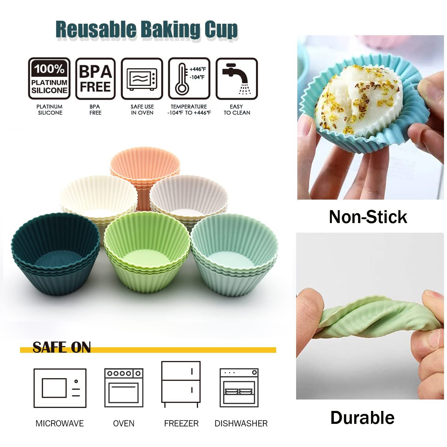 Reusable Silicone Cupcake Baking Cups 24 Pack, 2.75 Inch Silicone Baking Cups, Non-Stick Muffin Cupcake Liners For Party Halloween Christmas, Easy Clean Pastry Muffin Molds(Multicolor)