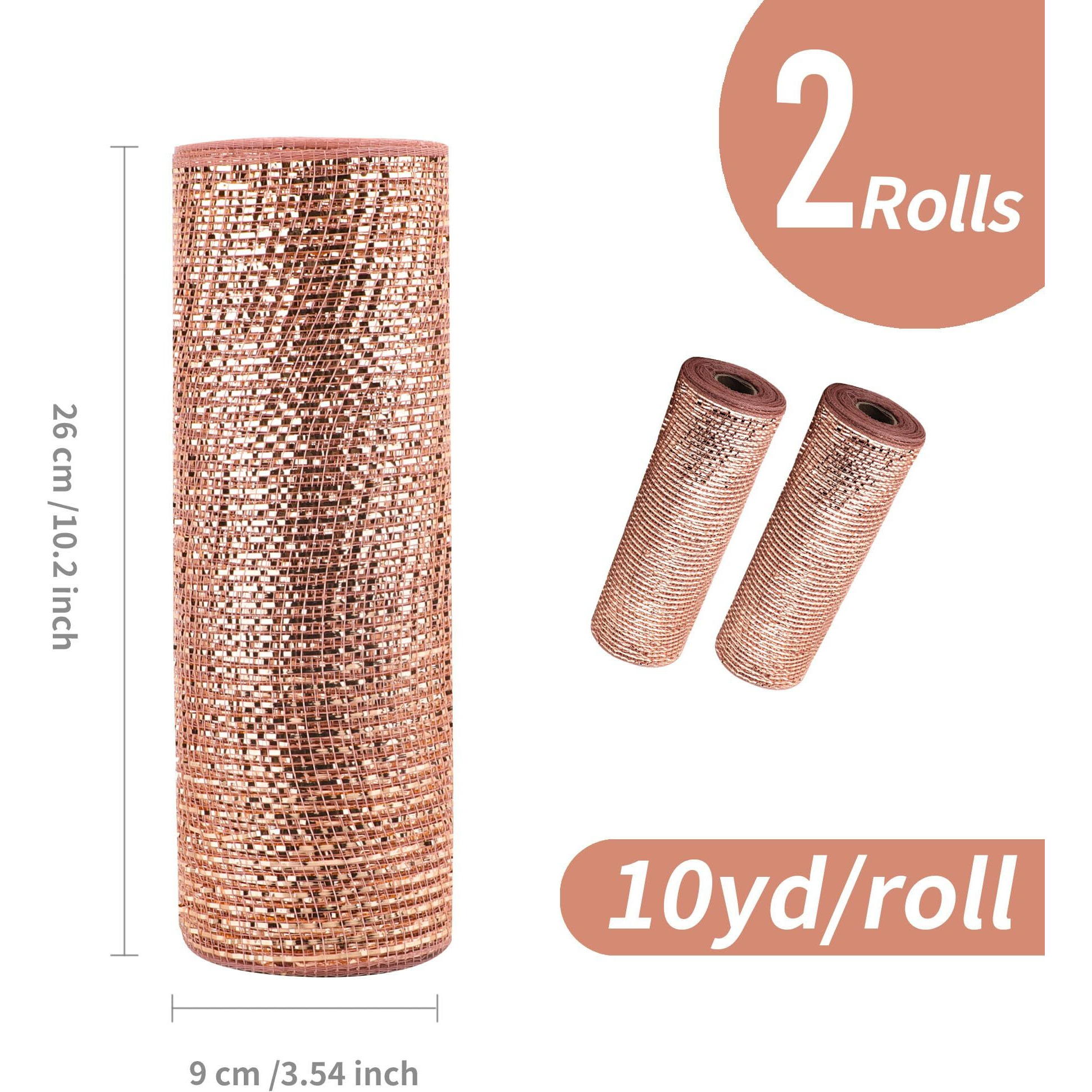 Gouzaak 2 Rolls Wider Rose Gold Deco Mesh Ribbon 10 In X 30 Ft, With Metallic Foil For Diy Mother's Day Gift Wrapping Wreath Supplies Holiday Decorating Christmas Tree Halloween Decoration,Floral