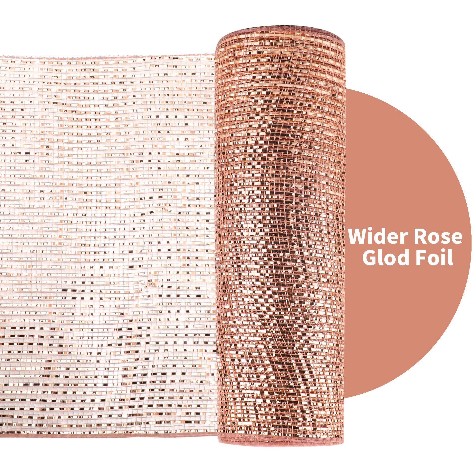 Gouzaak 2 Rolls Wider Rose Gold Deco Mesh Ribbon 10 In X 30 Ft, With Metallic Foil For Diy Mother's Day Gift Wrapping Wreath Supplies Holiday Decorating Christmas Tree Halloween Decoration,Floral