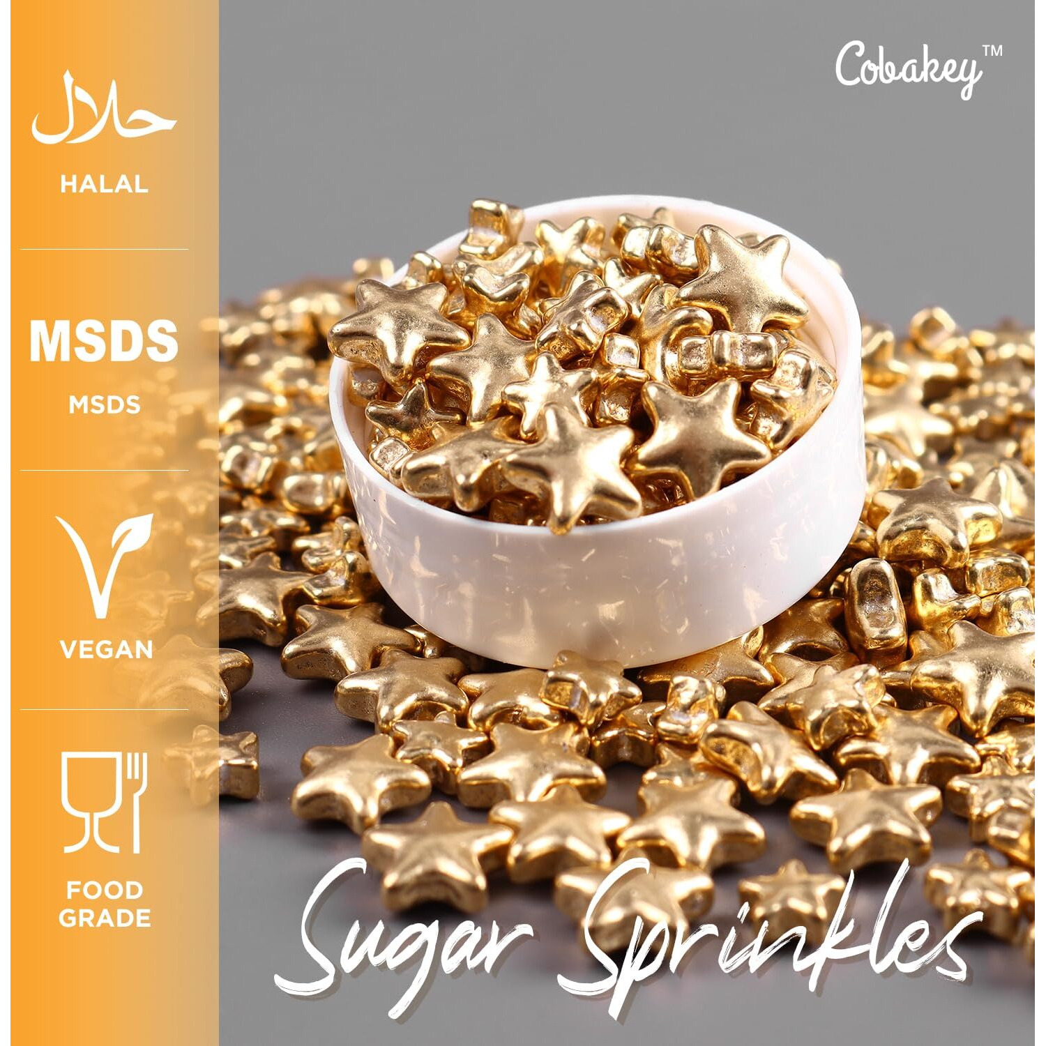 Cobakey Bright Gold Sprinkles For Cake Decorations 100G/ 3.52Oz Star Metallic Pearl Sugar Sprinkles For Cupcake Toppers Wedding Party Valentines Halloween Christmas Supplies
