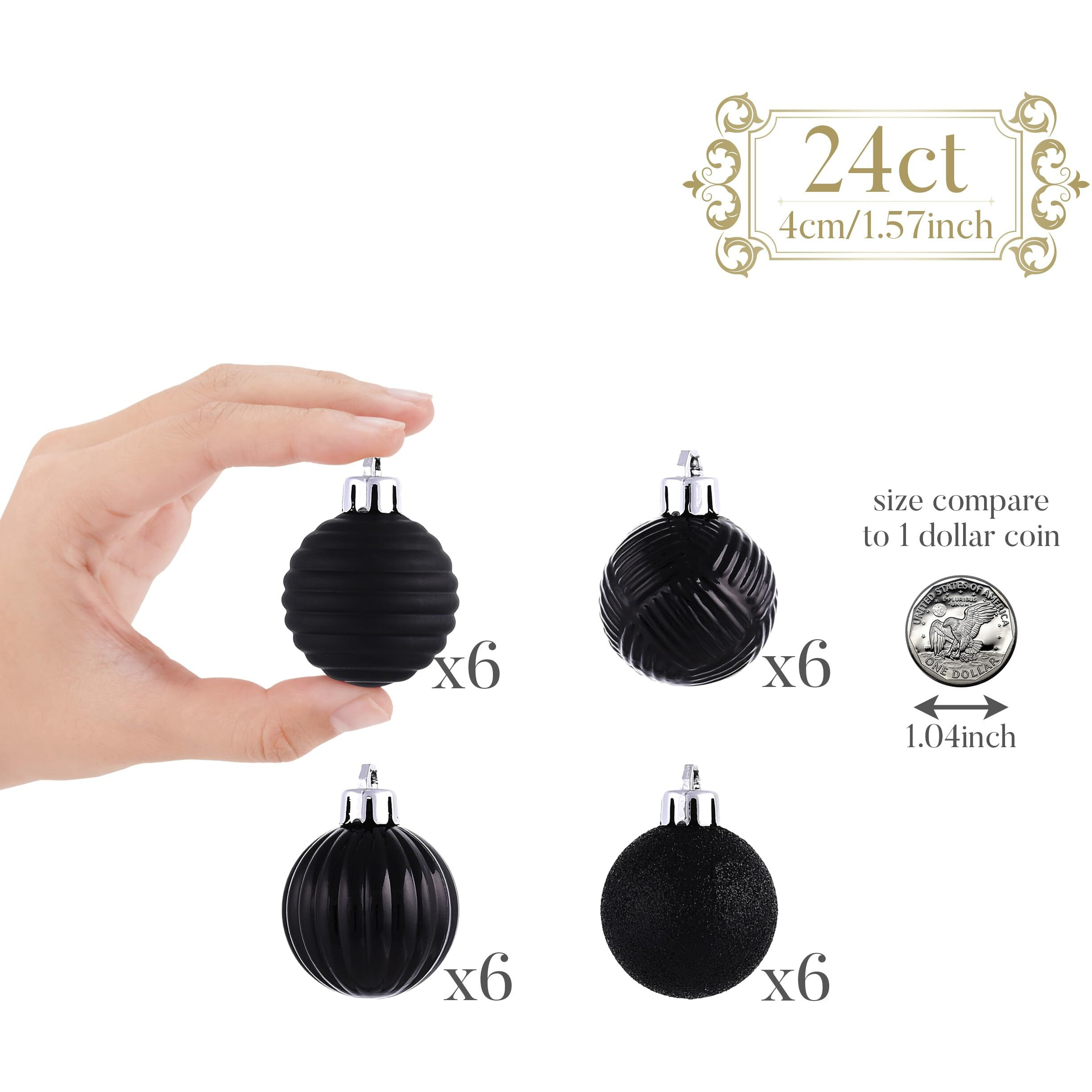Valery Madelyn 1.6"" Halloween Ornaments Christmas Tree Decorations Set, 24Ct Black Shatterproof Ball Ornaments For Xmas Holiday Party, Hanging Ornaments For Tree In Medium Size