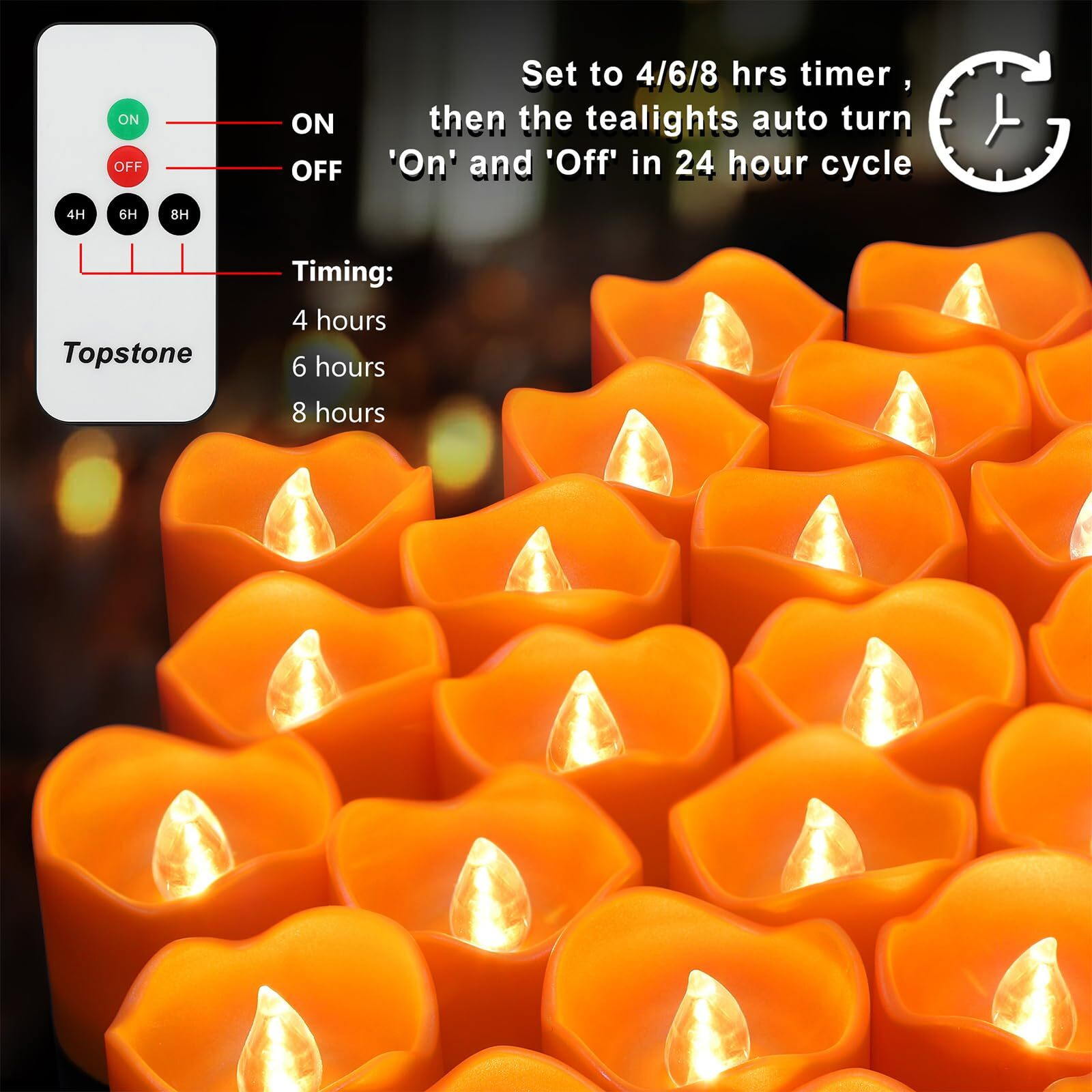 Topstone Halloween Orange Led Tealight With 4/6/8 H Timer,Remote Control Flameless Candle,Battery Powered Fake Candles,Electric Votive Candle,Pack Of 12