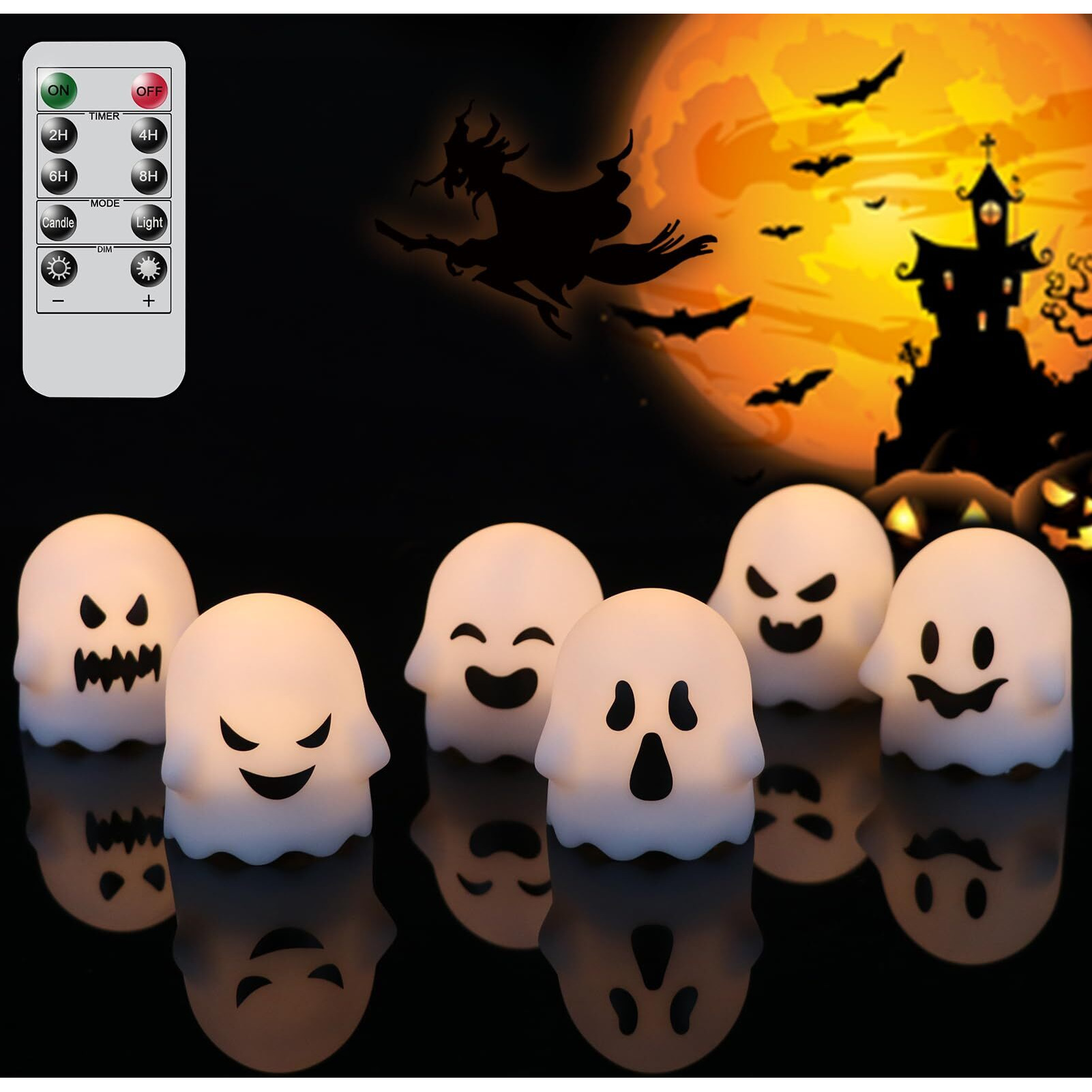 Lasumora Ghost Halloween Decorations Flameless Candles With Remote Timer, 6 Pack Grimace Ghost Candles, Battery Operated White Led Tea Lights Candles Dimmable Light For Halloween Decor
