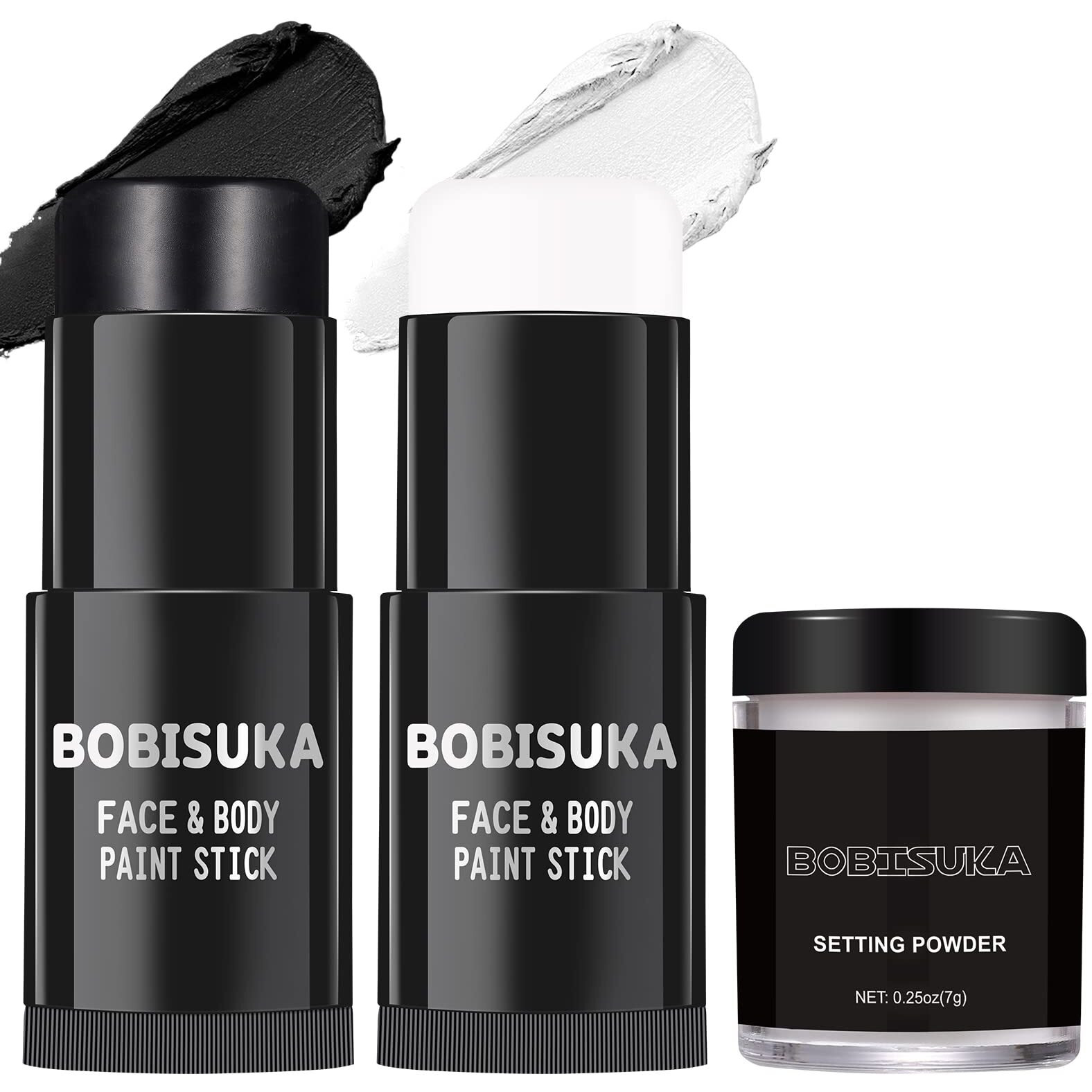 Bobisuka Black White Face Paint Stick With Setting Powder Set, Eye Black Sticks For Sports, Body Paints For Clown Skeleton Vampire Skull Cosplay Special Effects Costume Sfx Halloween Makeup Kit