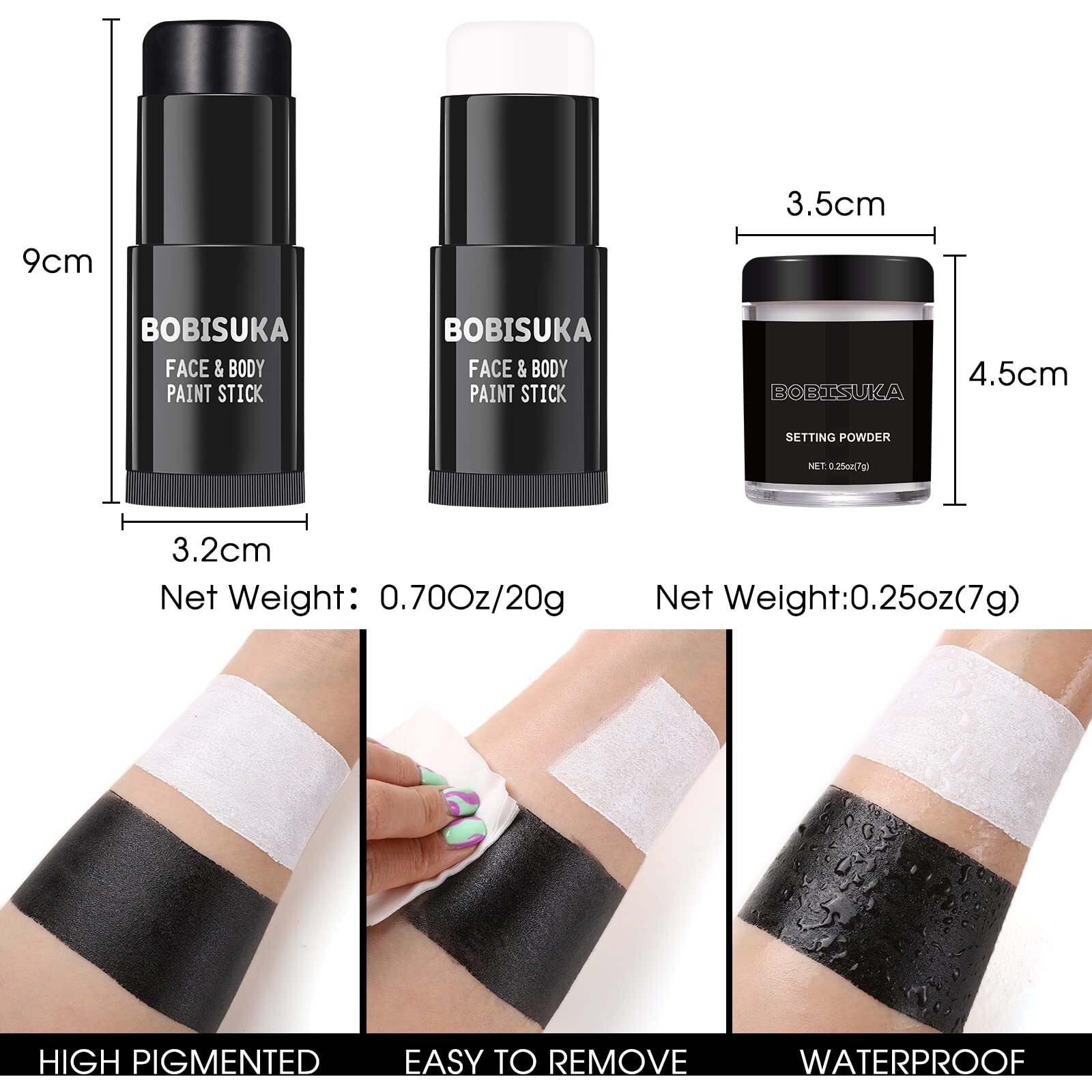 Bobisuka Black White Face Paint Stick With Setting Powder Set, Eye Black Sticks For Sports, Body Paints For Clown Skeleton Vampire Skull Cosplay Special Effects Costume Sfx Halloween Makeup Kit