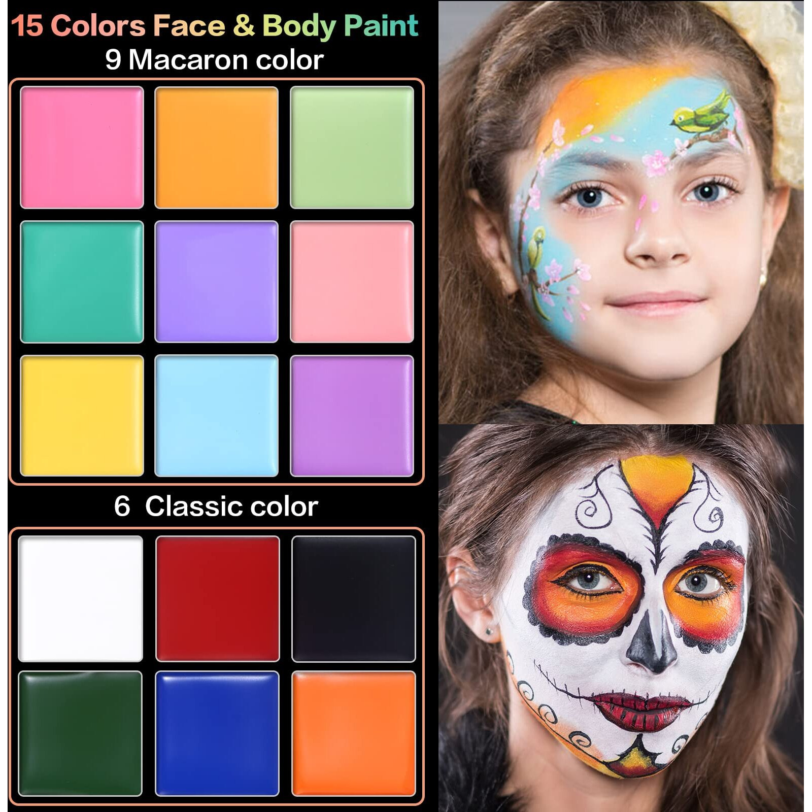 Ucanbe Macaron Face Body Paint Set, 15 Colors Painting Palette Makeup Kit + 10Pc Colorful Artist Brushes, Oil Base Paint Set For Halloween, Cosplay, Parties And Sfx Costume