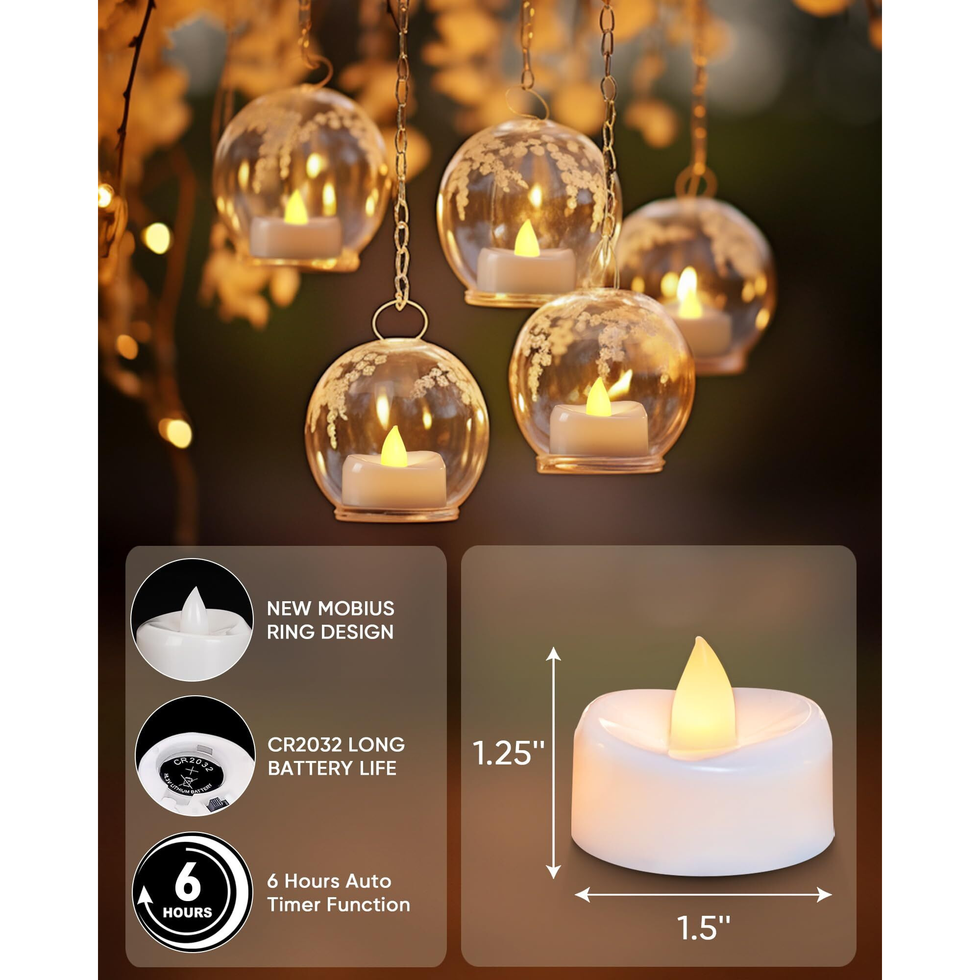 Merrynights Fake Candles, 12Pack Timer Flameless Candles, Led Tea Lights Candles, Battery Operated Candles With 6 Hours Timer Auto For Halloween Christmas Wedding Decor-1.5'' D X 1.25'' H, Warm Yellow