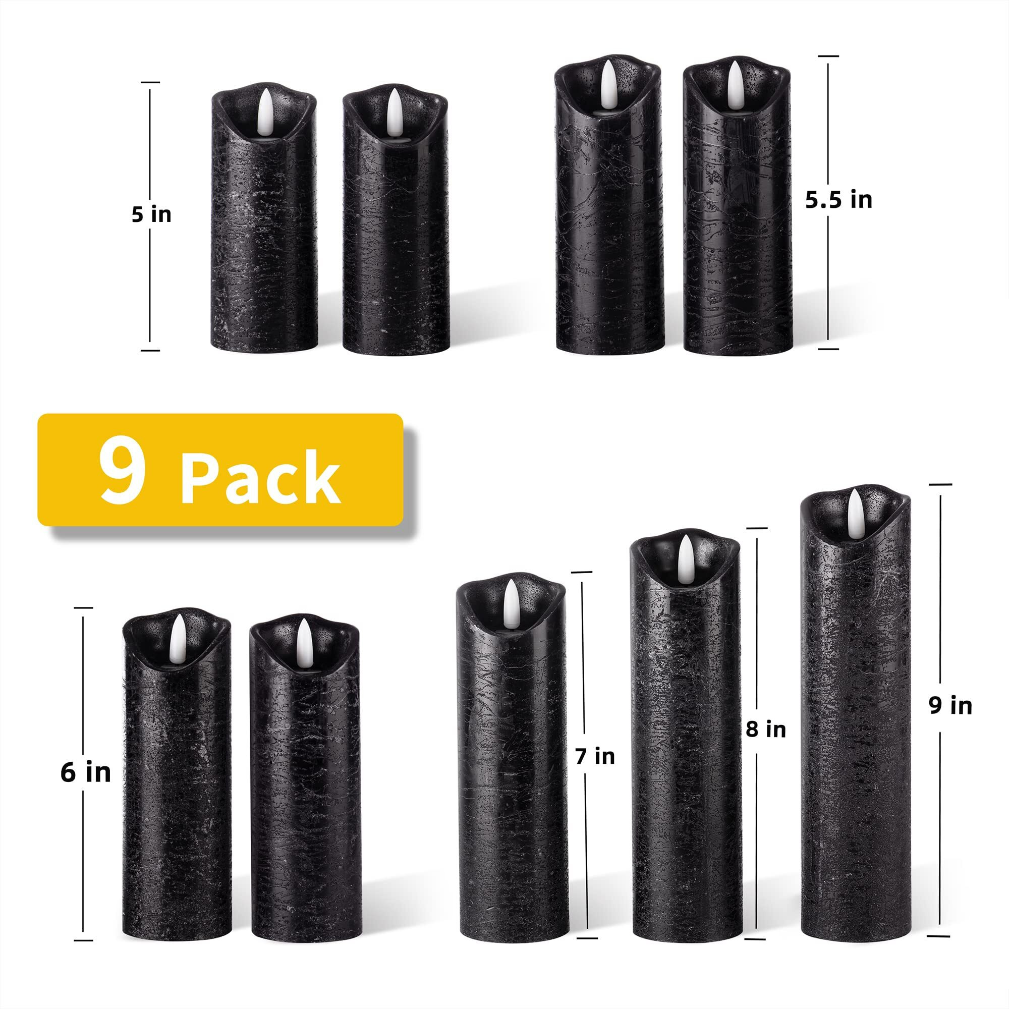 Pandaing Set Of 9 Black Regular Textured Flameless Candles Battery Operated Led Real Wax Flickering Electric Candles With Remote Control Timer For Wedding Birthday Halloween Christmas Decorations
