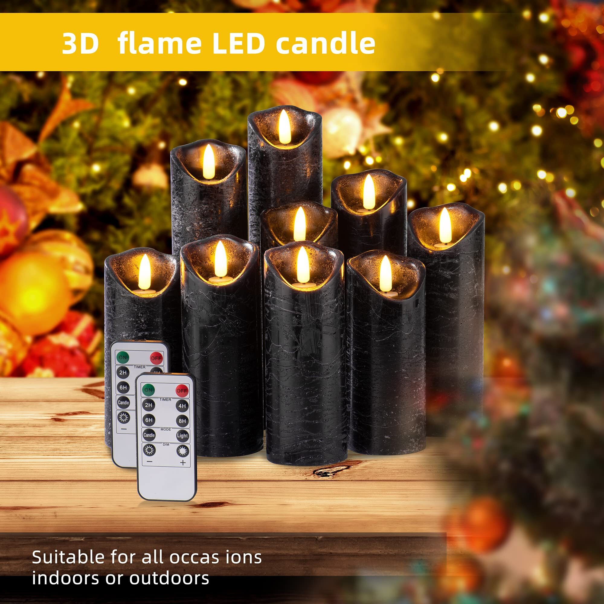 Pandaing Set Of 9 Black Regular Textured Flameless Candles Battery Operated Led Real Wax Flickering Electric Candles With Remote Control Timer For Wedding Birthday Halloween Christmas Decorations