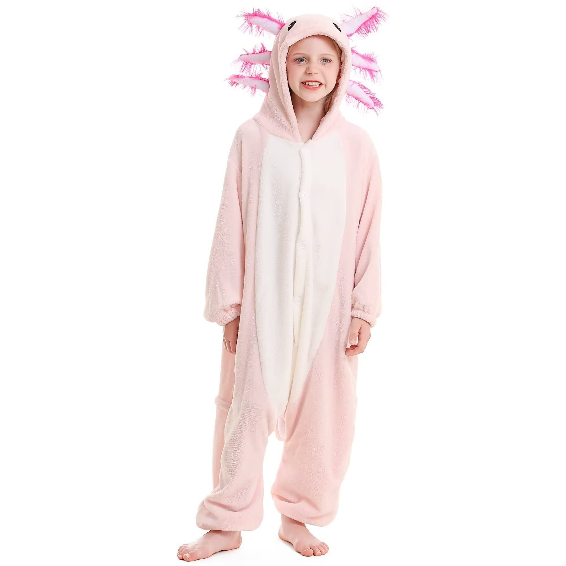 Darkcom Axolotl Onesie For Kids,Flannel Animalcosplay Halloween Costume Parent-Child Sleepwear For Girls Boys 12-13 Years