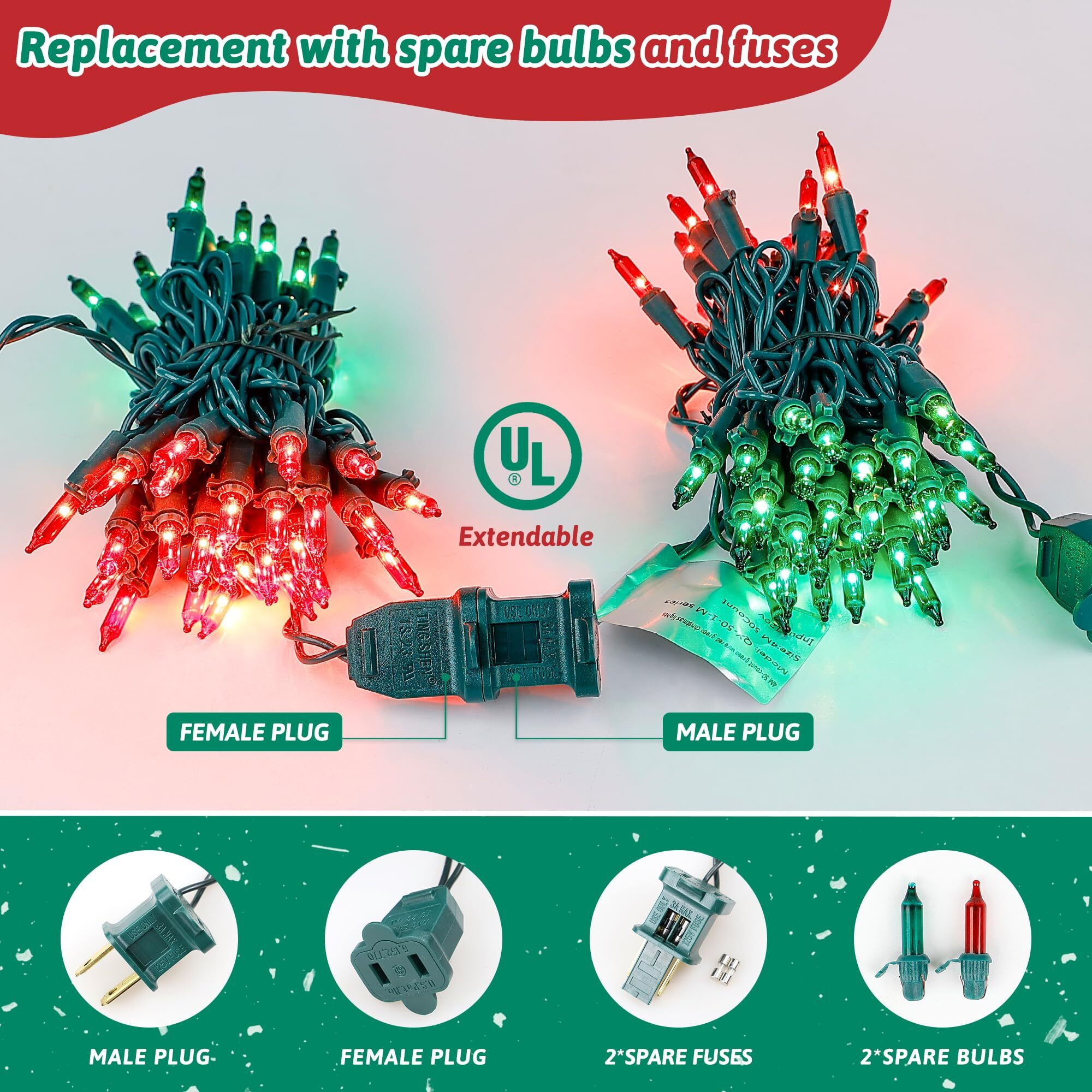 Heyfuni 50Count Red Green Christmas Lights, Green Wire 13Ft Incandescent Traditional Holiday String Light Set For Indoor Outdoor Use Christmas Tree, Halloween, Valentine Wedding Lighting Decoration