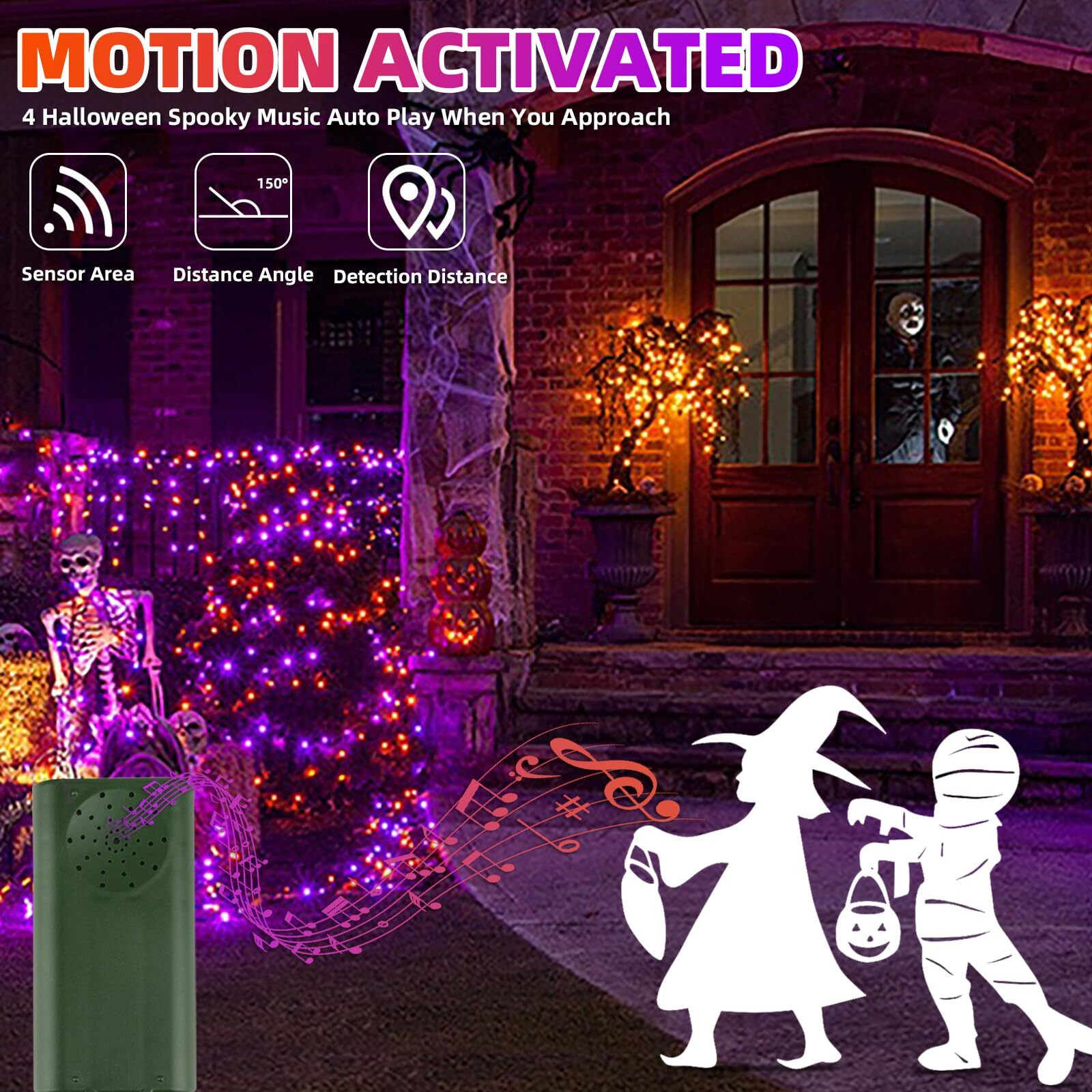 Green Convenience Halloween Lights 33Ft 100 Led Battery String Lights With Motion Sensor Spooky Music Or Battery Powered Orange & Purple 2 Colors In 1 Waterproof Halloween Indoor Outdoor Decor