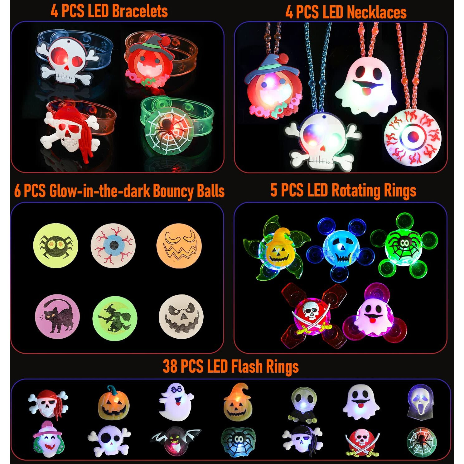 Halloween Party Favors For Kids - 57 Pcs Halloween Decorations Led Flash Rings Light Up Necklaces Halloween Toys, Glow In The Dark Halloween Party Supplies, Halloween Gifts/Halloween Treats For Kids
