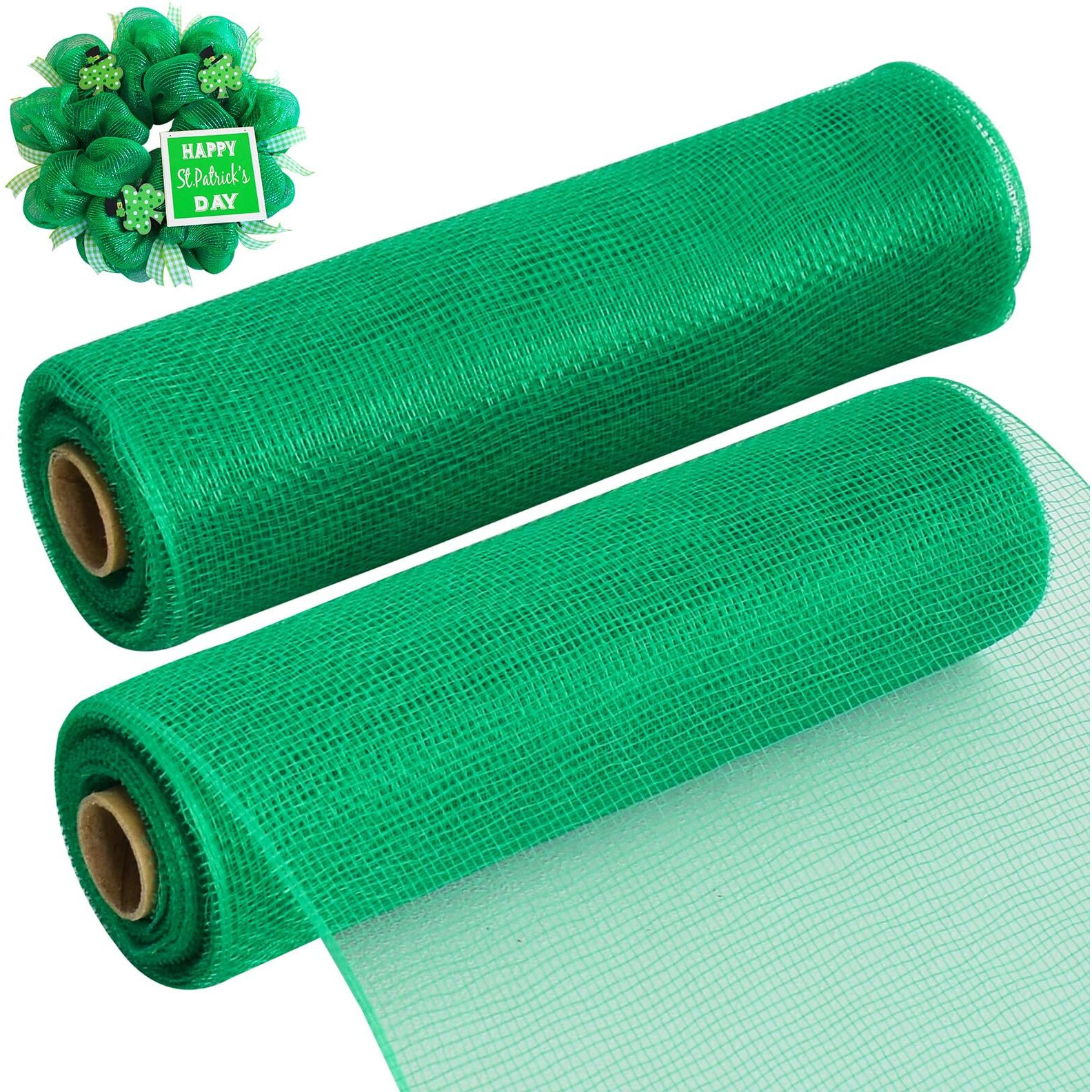 Toniful 2 Rolls 10 Inch Green Decorative Mesh Ribbbon Rolls, Fabric Mesh For Mesh Wreath Supplies, Front Door Wreath Crafts Tree Decor Christmas Newyears Halloween Decoration (10 Yds/Roll)
