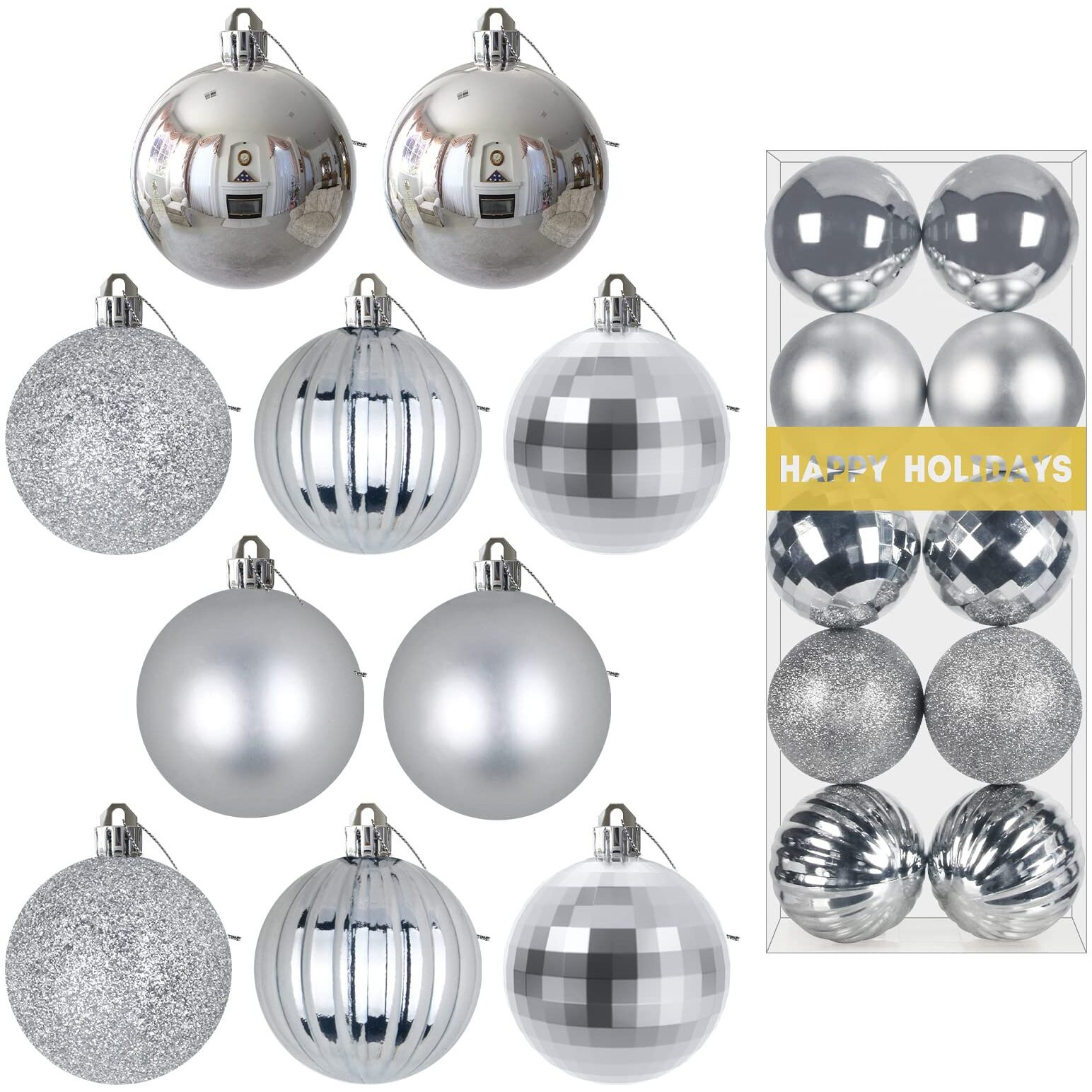 Silver 2.5"" Christmas Balls Christmas Tree Decoration Ornaments Shatterproof Hanging Balls For Birthday Halloween Holiday Wedding Decorations Set Of 10Pcs