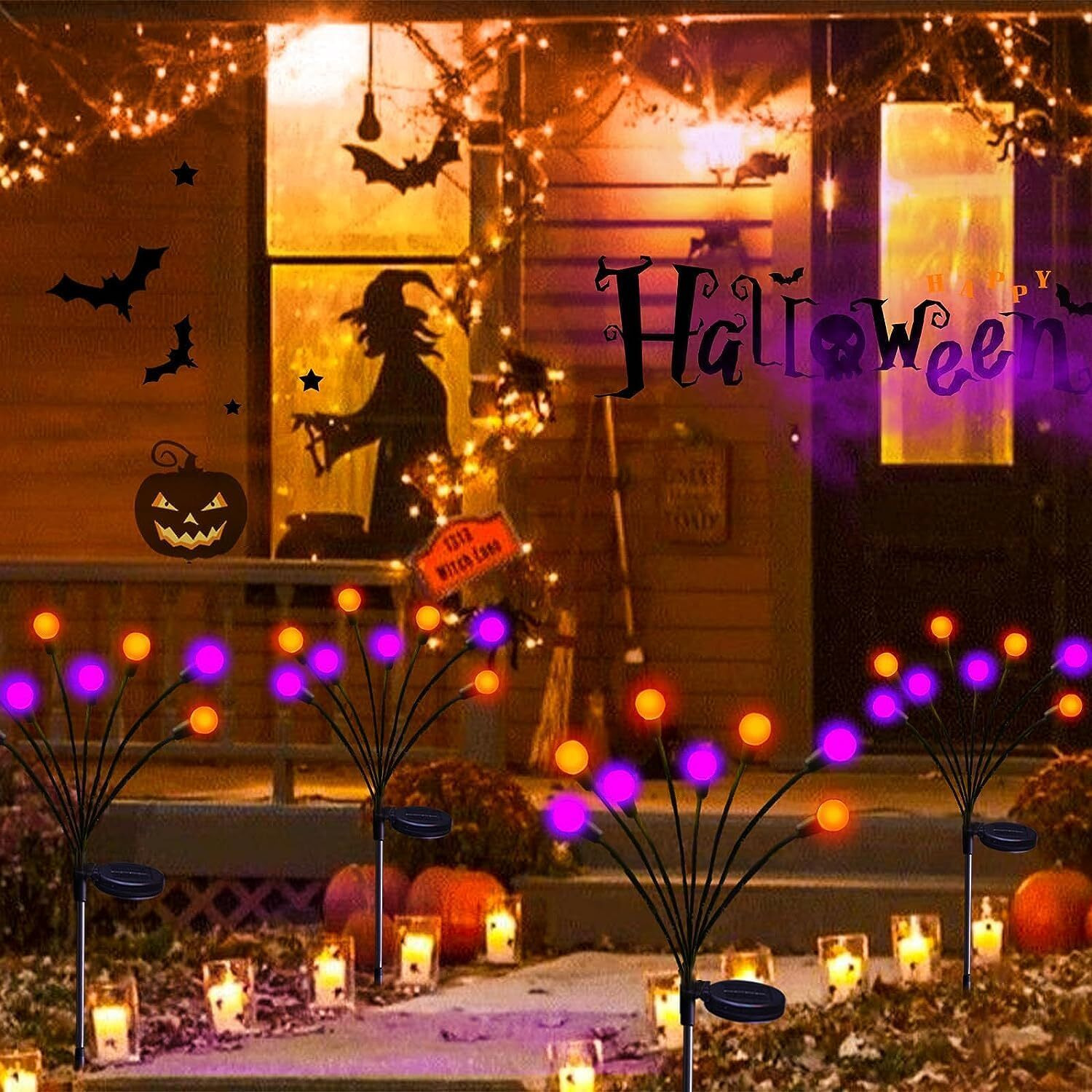 Albelt Upgrade Outdoor Halloween Decorations, 6-Pack Swaying Solar Lights (Orange And Purple), Sway By Wind, Long Lasting, 48 Led Waterproof Garden For Party Decor Yard Patio Pathway (Jm - Firefly)