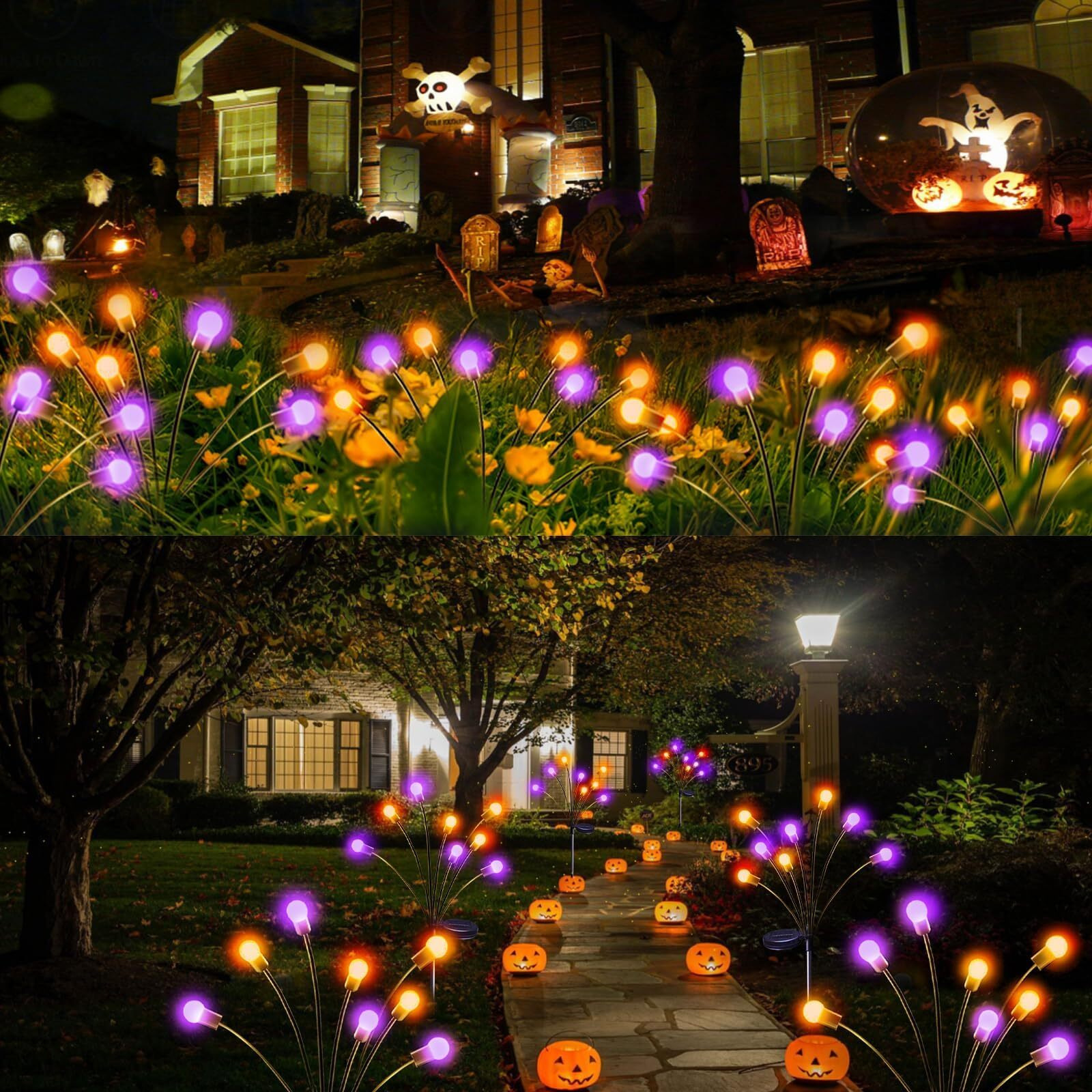 Albelt Upgrade Outdoor Halloween Decorations, 6-Pack Swaying Solar Lights (Orange And Purple), Sway By Wind, Long Lasting, 48 Led Waterproof Garden For Party Decor Yard Patio Pathway (Jm - Firefly)