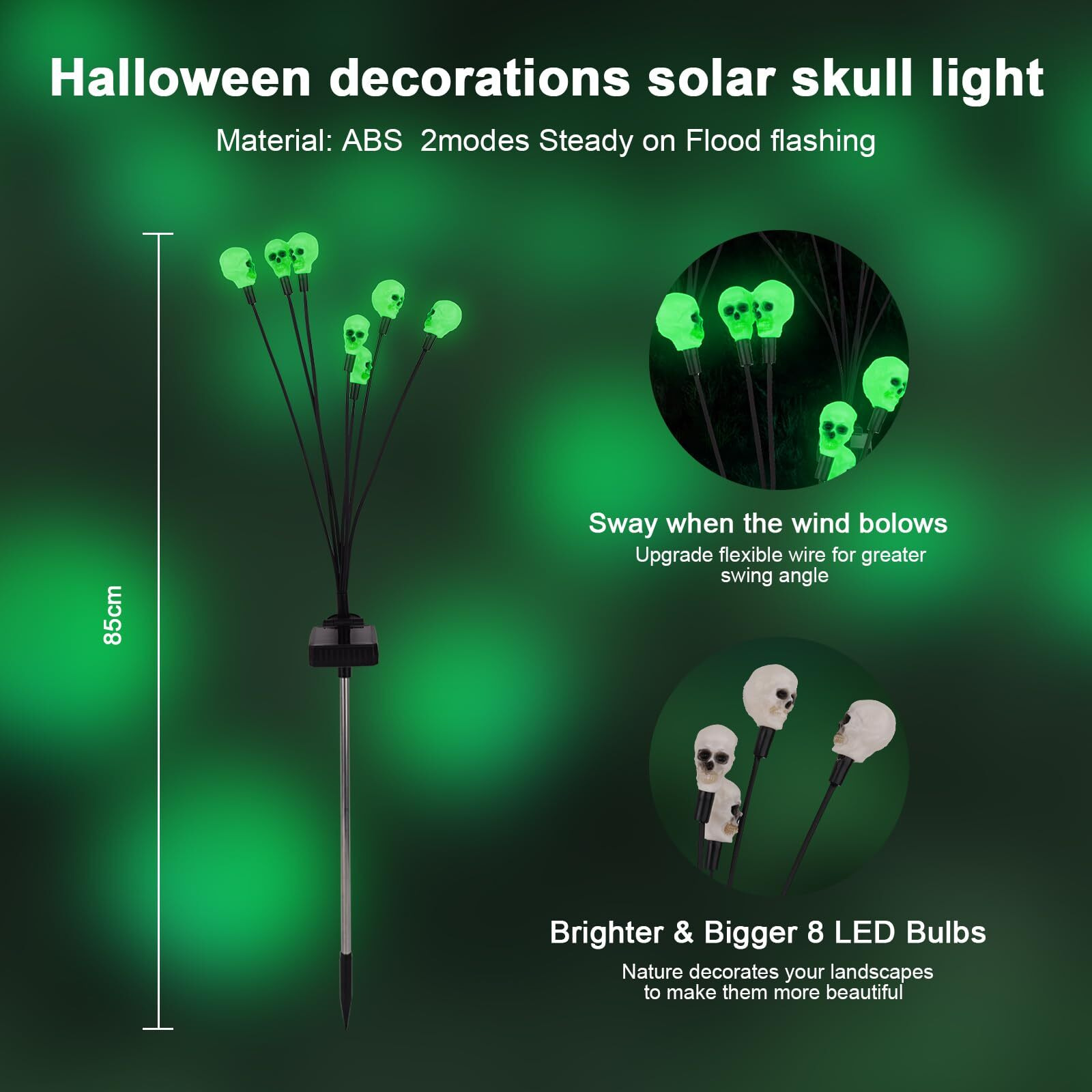 2Packs Halloween Decorations Outdoor Solar Scary Skull Lights,16Led Green Skull Swaying Firefly Lights,Waterproof Solar Halloween Path Lights For Yard/Garden/Lawn/Party Decor (Skull)