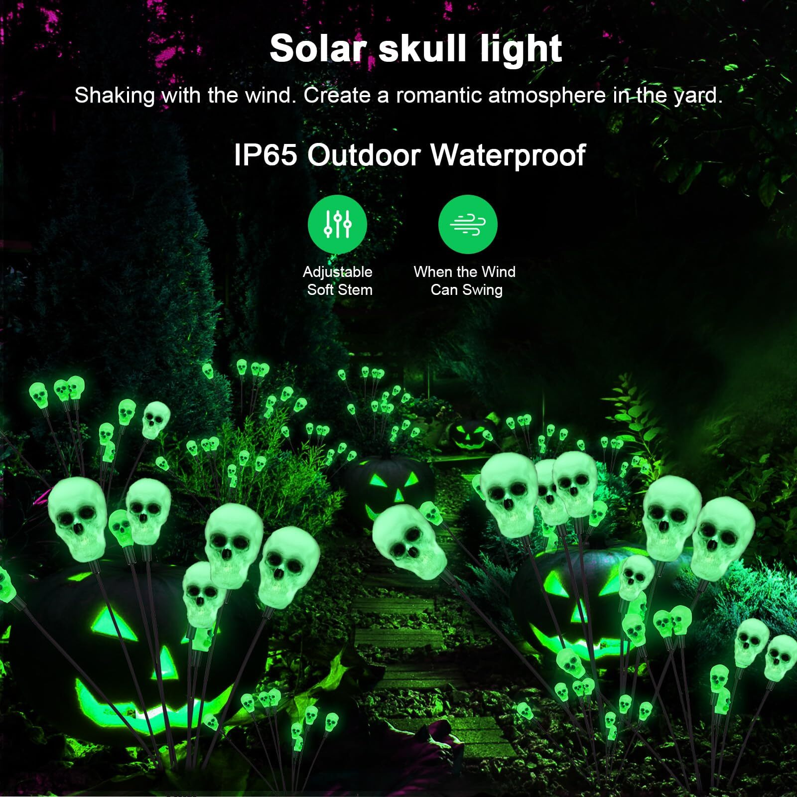 2Packs Halloween Decorations Outdoor Solar Scary Skull Lights,16Led Green Skull Swaying Firefly Lights,Waterproof Solar Halloween Path Lights For Yard/Garden/Lawn/Party Decor (Skull)