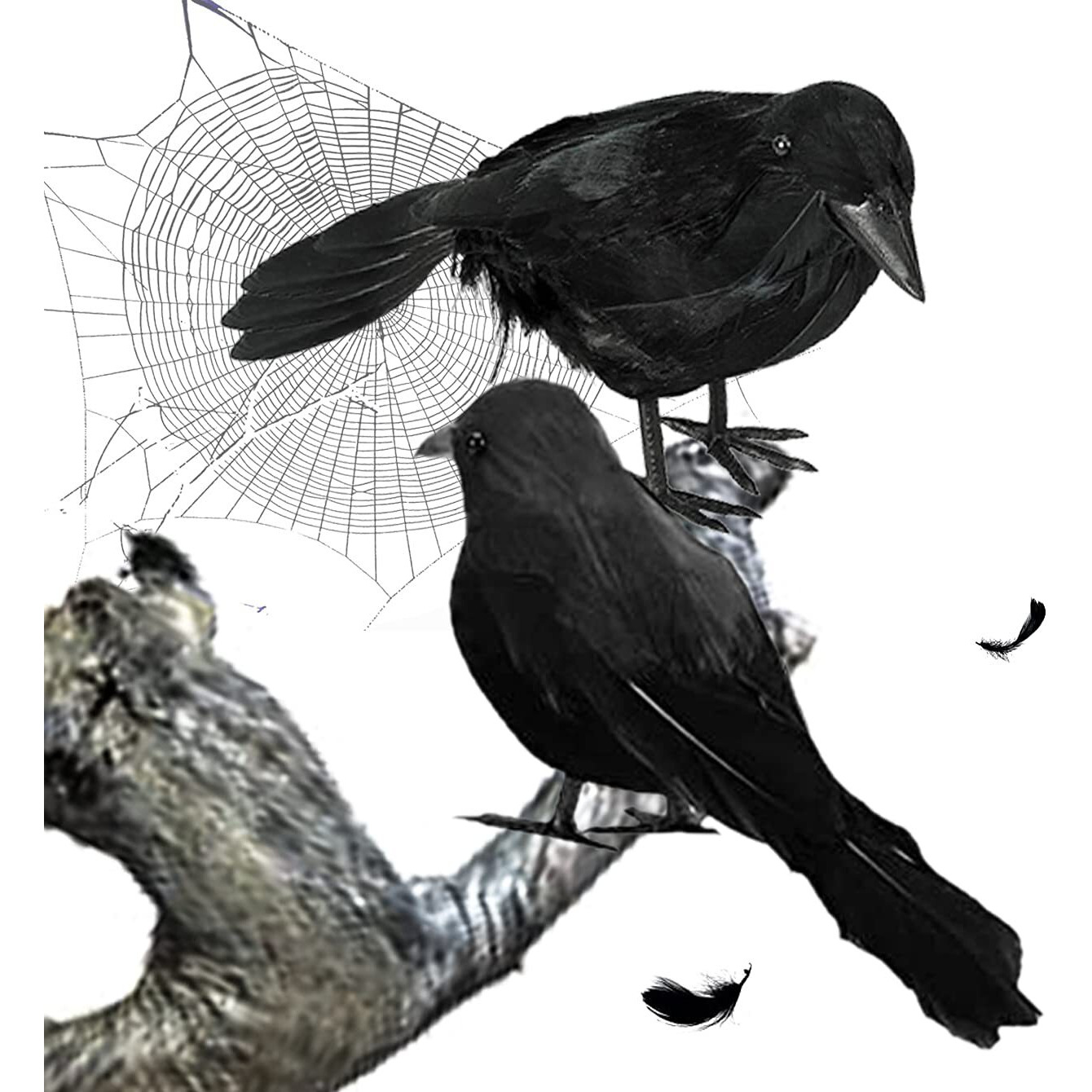 Moonear 2 Pcs Halloween Realistic Black Feather Crows Lifelik Ravens Halloween Party Outdoor Decorations Birds Prop