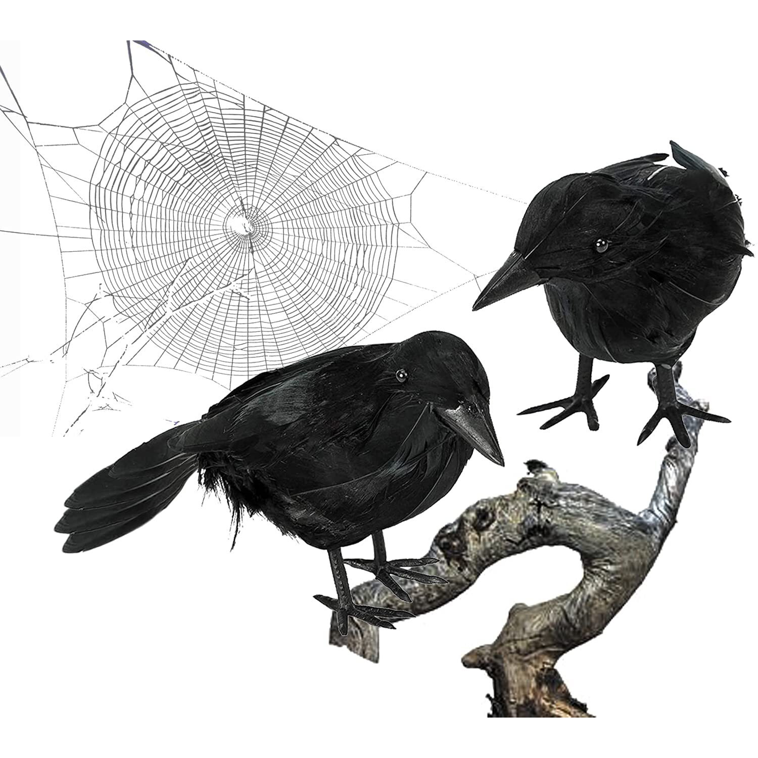 Moonear 2 Pcs Halloween Realistic Black Feather Crows Lifelik Ravens Halloween Party Outdoor Decorations Birds Prop