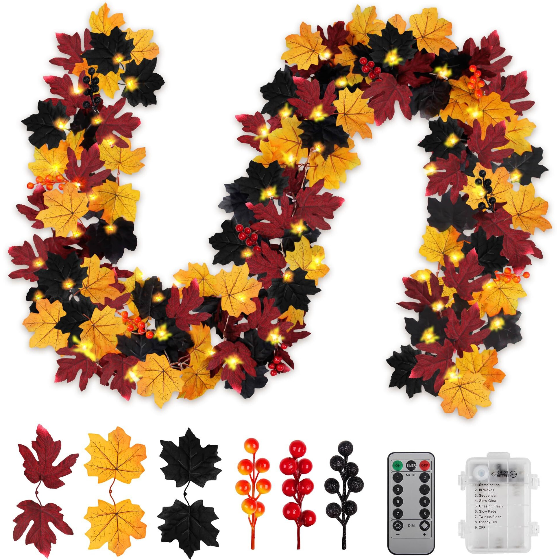 Halloween Decorations Fall Garland String Lights With Timer Remote, 50 Led 16.4Ft Fall Lighted Black Maple Leaves Garlands Outdoor, Battery Operated Fall Lights For Home Party Indoor Mantle Fireplace
