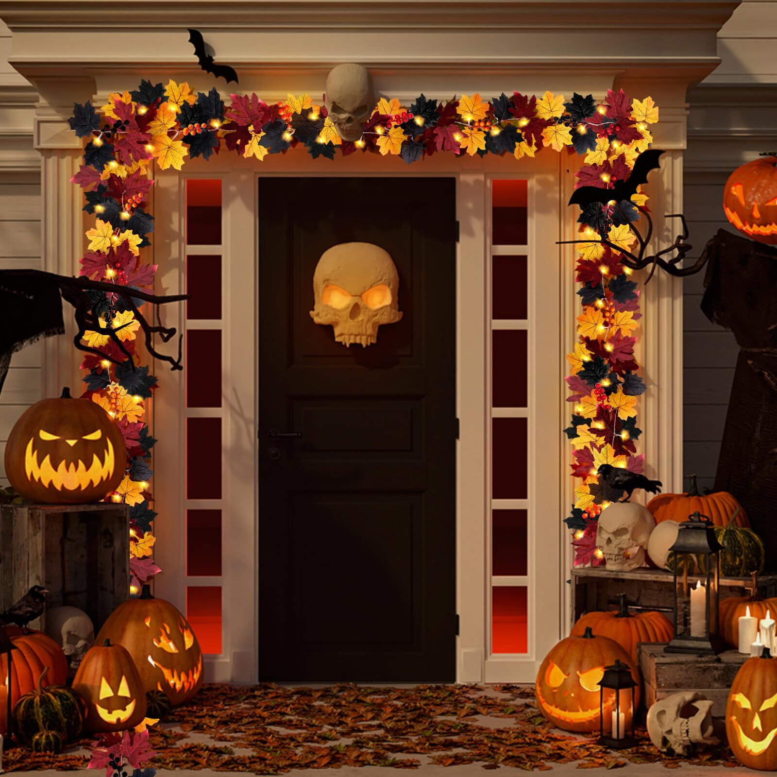 Halloween Decorations Fall Garland String Lights With Timer Remote, 50 Led 16.4Ft Fall Lighted Black Maple Leaves Garlands Outdoor, Battery Operated Fall Lights For Home Party Indoor Mantle Fireplace