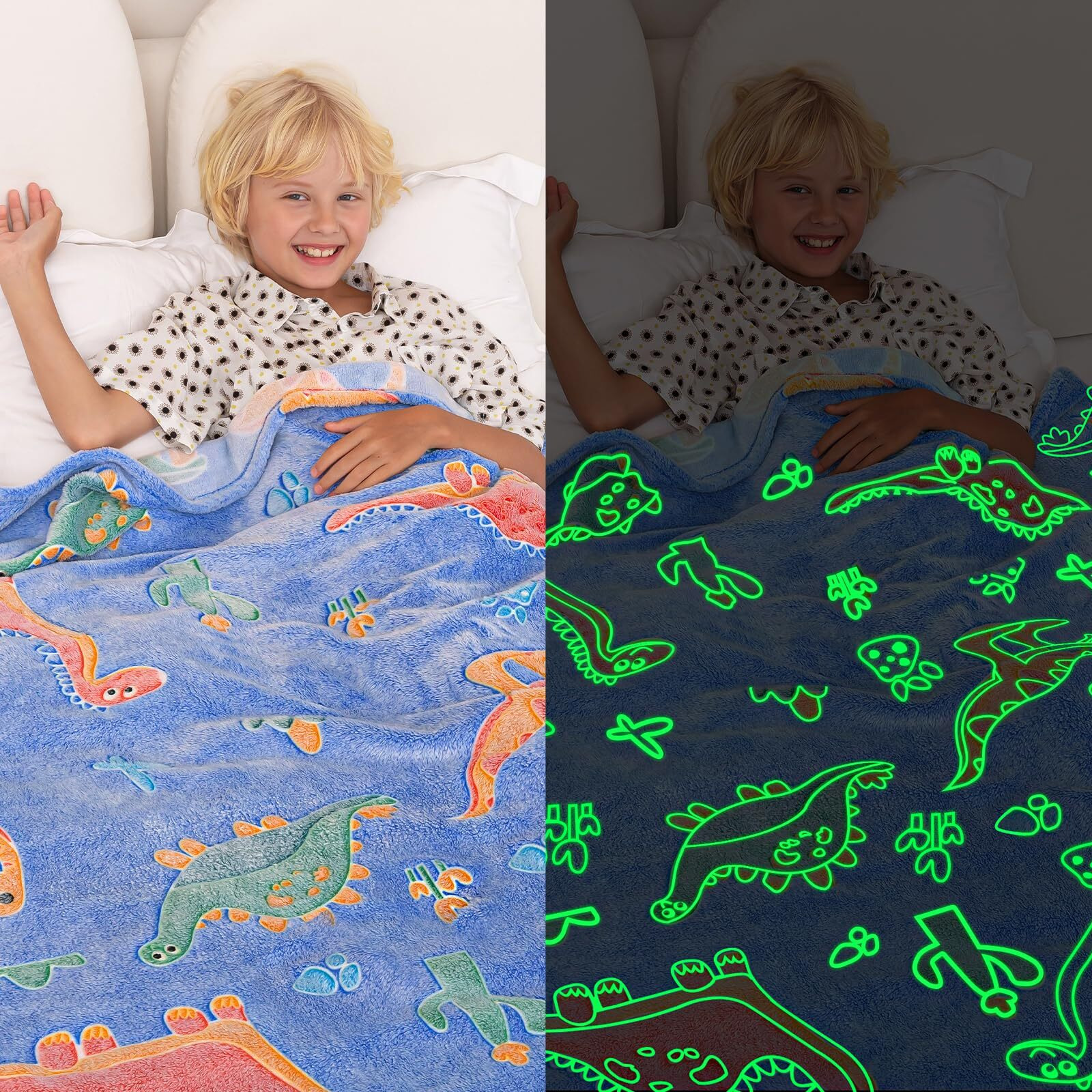 Inhand Glow In The Dark Blanket Dinosaur Gift Toys For Kids Boys Girls Fluffy Cozy Dinosaur Fleece Kids Blanket Birthday Christmas Halloween Easter Child Gifts Blue 50"&quotX60""