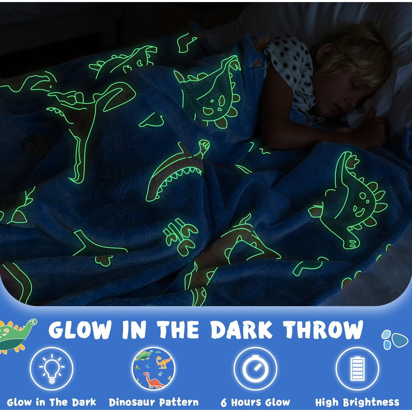 Inhand Glow In The Dark Blanket Dinosaur Gift Toys For Kids Boys Girls Fluffy Cozy Dinosaur Fleece Kids Blanket Birthday Christmas Halloween Easter Child Gifts Blue 50"&quotX60""