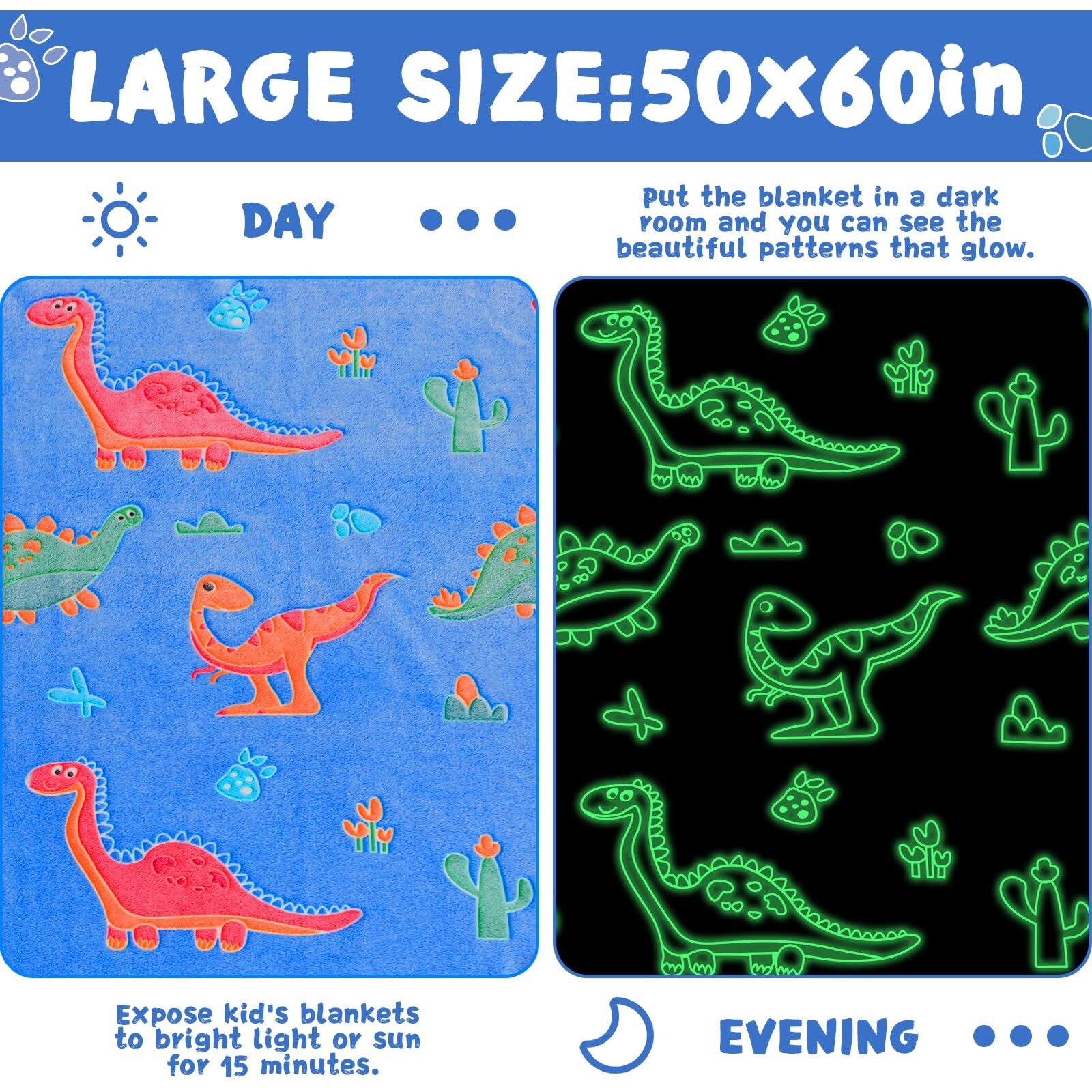 Inhand Glow In The Dark Blanket Dinosaur Gift Toys For Kids Boys Girls Fluffy Cozy Dinosaur Fleece Kids Blanket Birthday Christmas Halloween Easter Child Gifts Blue 50"&quotX60""