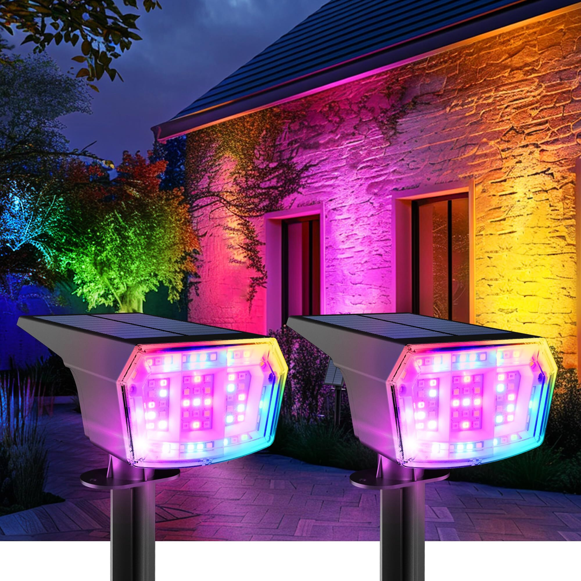 Auderwin Color Changing Solar Spot Lights Outdoor, 9 Lighting Modes Colored Solar Lights Outdoor Rgb, Color Solar Lights Waterproof Ip65, Landscape Spotlights For Halloween Christmas Decorations