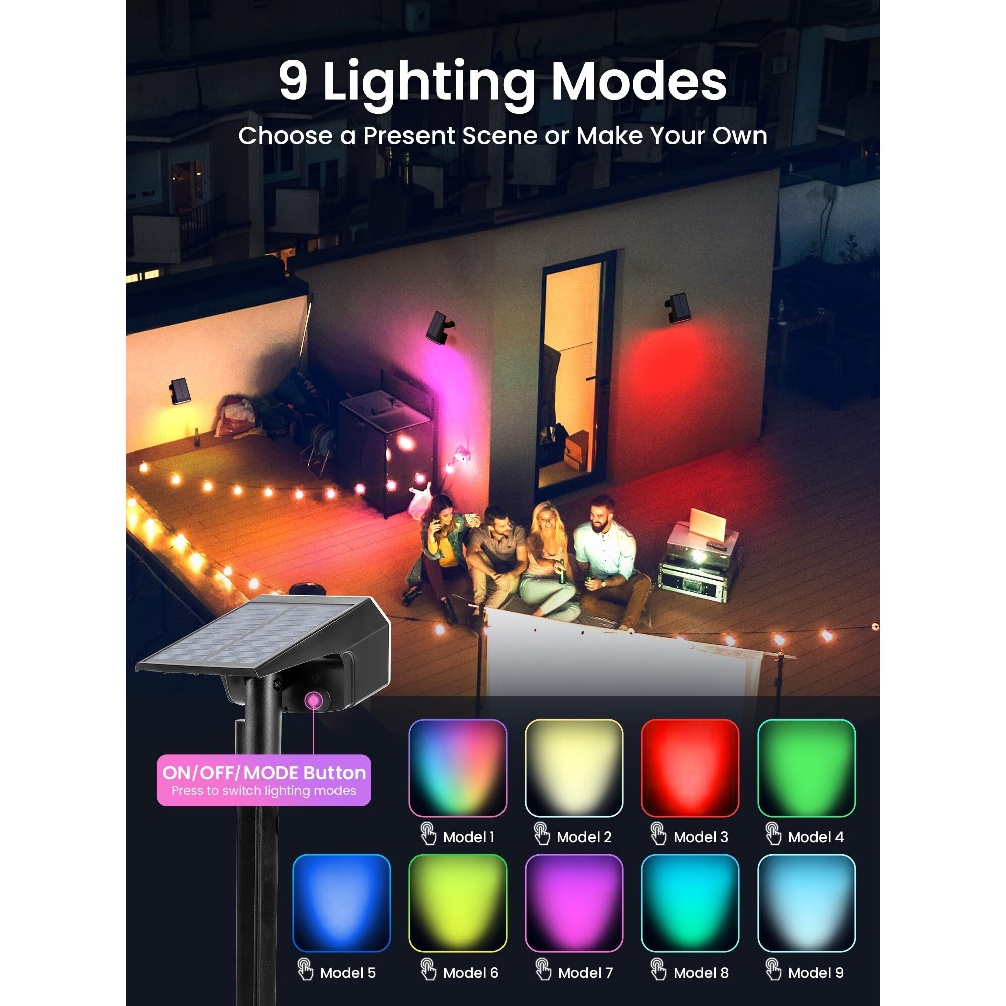 Auderwin Color Changing Solar Spot Lights Outdoor, 9 Lighting Modes Colored Solar Lights Outdoor Rgb, Color Solar Lights Waterproof Ip65, Landscape Spotlights For Halloween Christmas Decorations