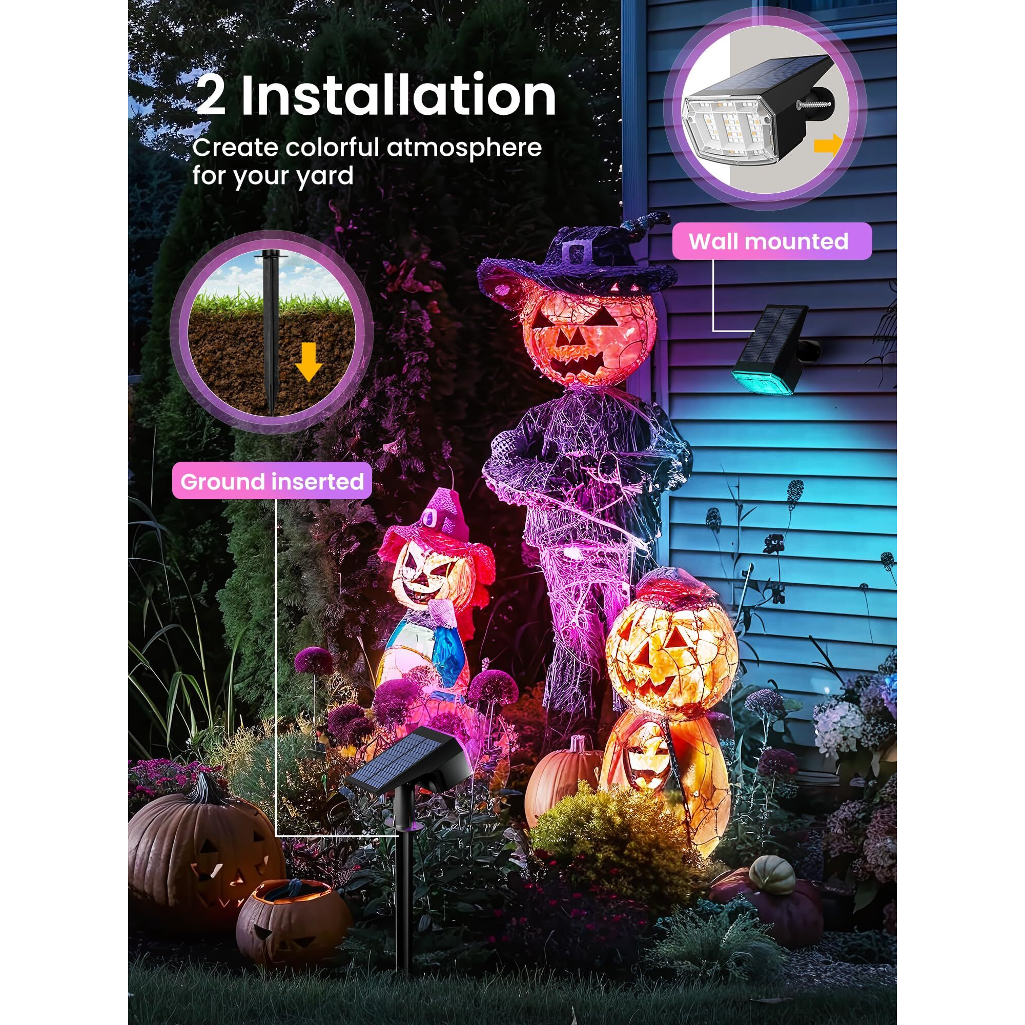 Auderwin Color Changing Solar Spot Lights Outdoor, 9 Lighting Modes Colored Solar Lights Outdoor Rgb, Color Solar Lights Waterproof Ip65, Landscape Spotlights For Halloween Christmas Decorations
