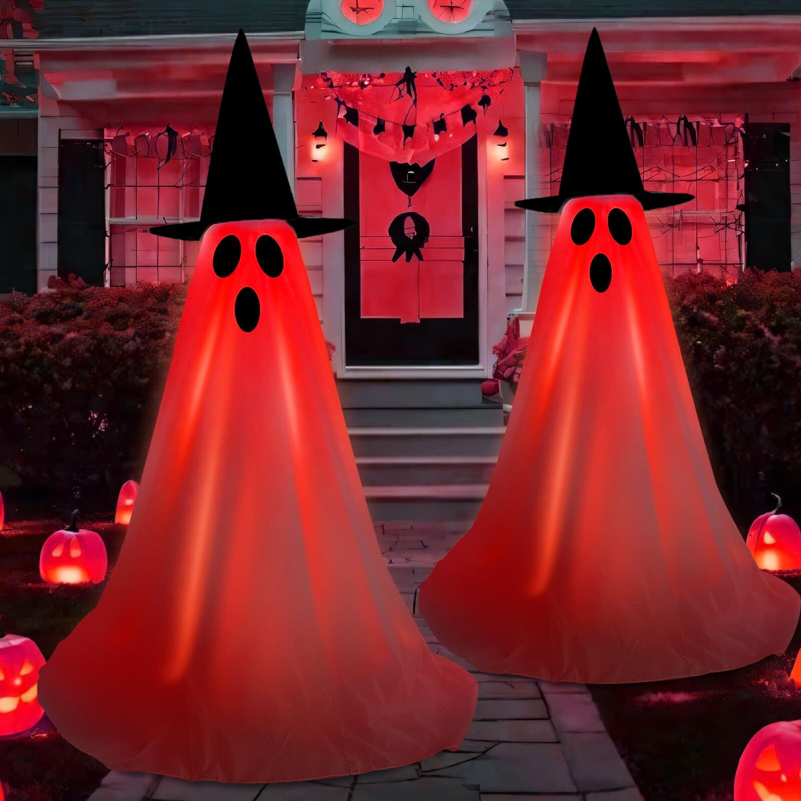 Halloween Light Up Ghost Kit - 2 Pack Diy Halloween Decorations Spooky Ghost Decor With 20 Led Lights Battery Operated,Adjustable Height,Hat,For Outdoor Indoor Porches Yards Gardens Lawn(Red