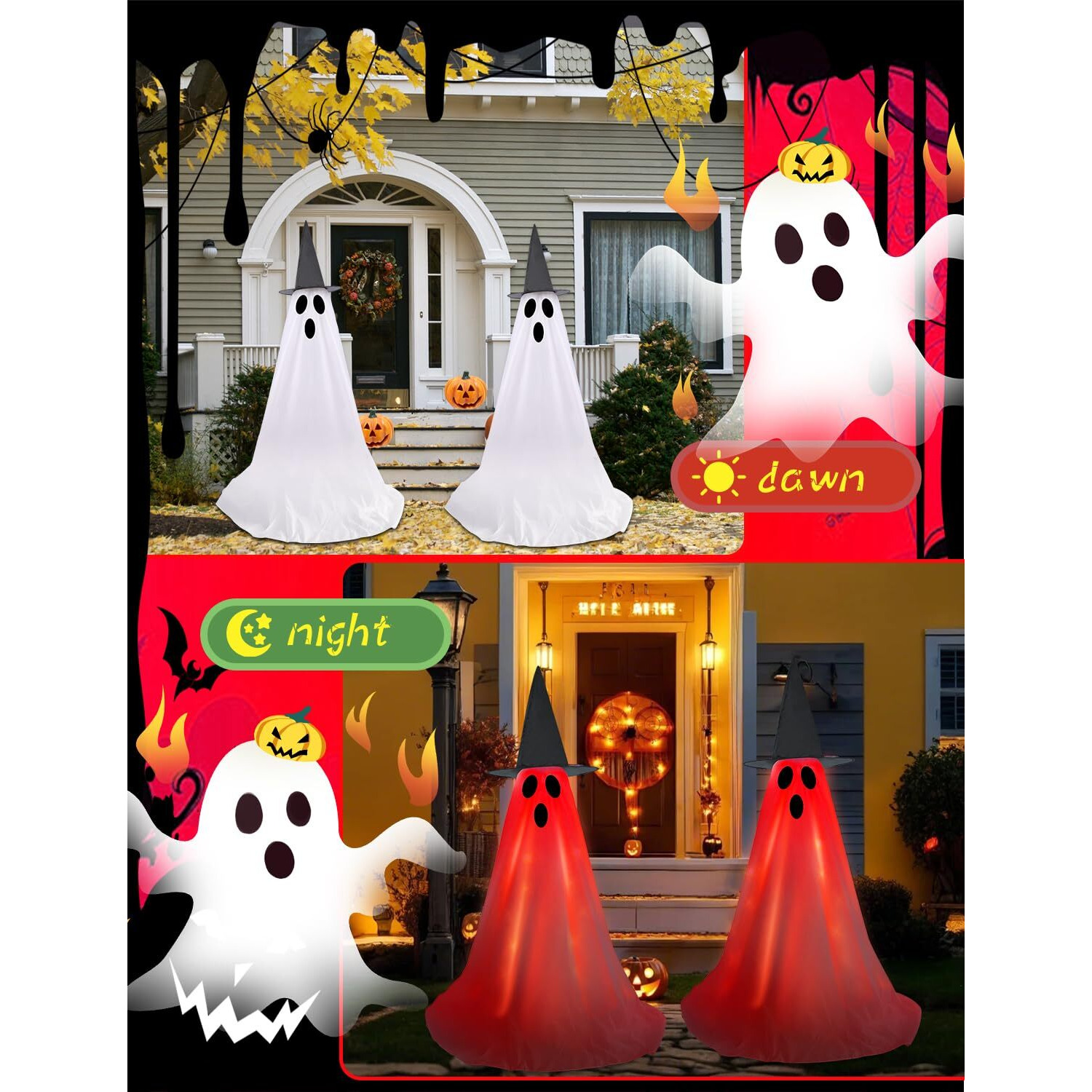 Halloween Light Up Ghost Kit - 2 Pack Diy Halloween Decorations Spooky Ghost Decor With 20 Led Lights Battery Operated,Adjustable Height,Hat,For Outdoor Indoor Porches Yards Gardens Lawn(Red