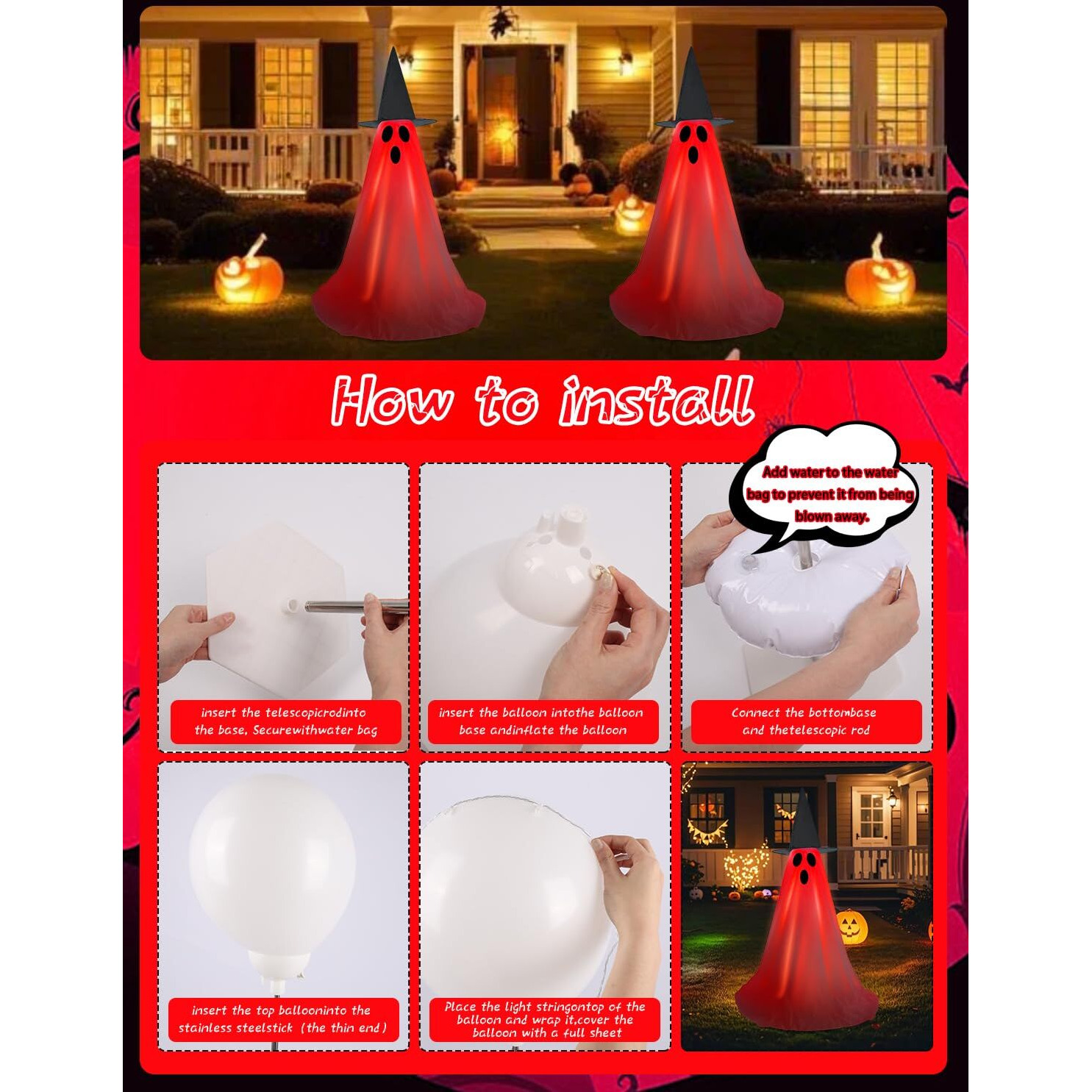 Halloween Light Up Ghost Kit - 2 Pack Diy Halloween Decorations Spooky Ghost Decor With 20 Led Lights Battery Operated,Adjustable Height,Hat,For Outdoor Indoor Porches Yards Gardens Lawn(Red