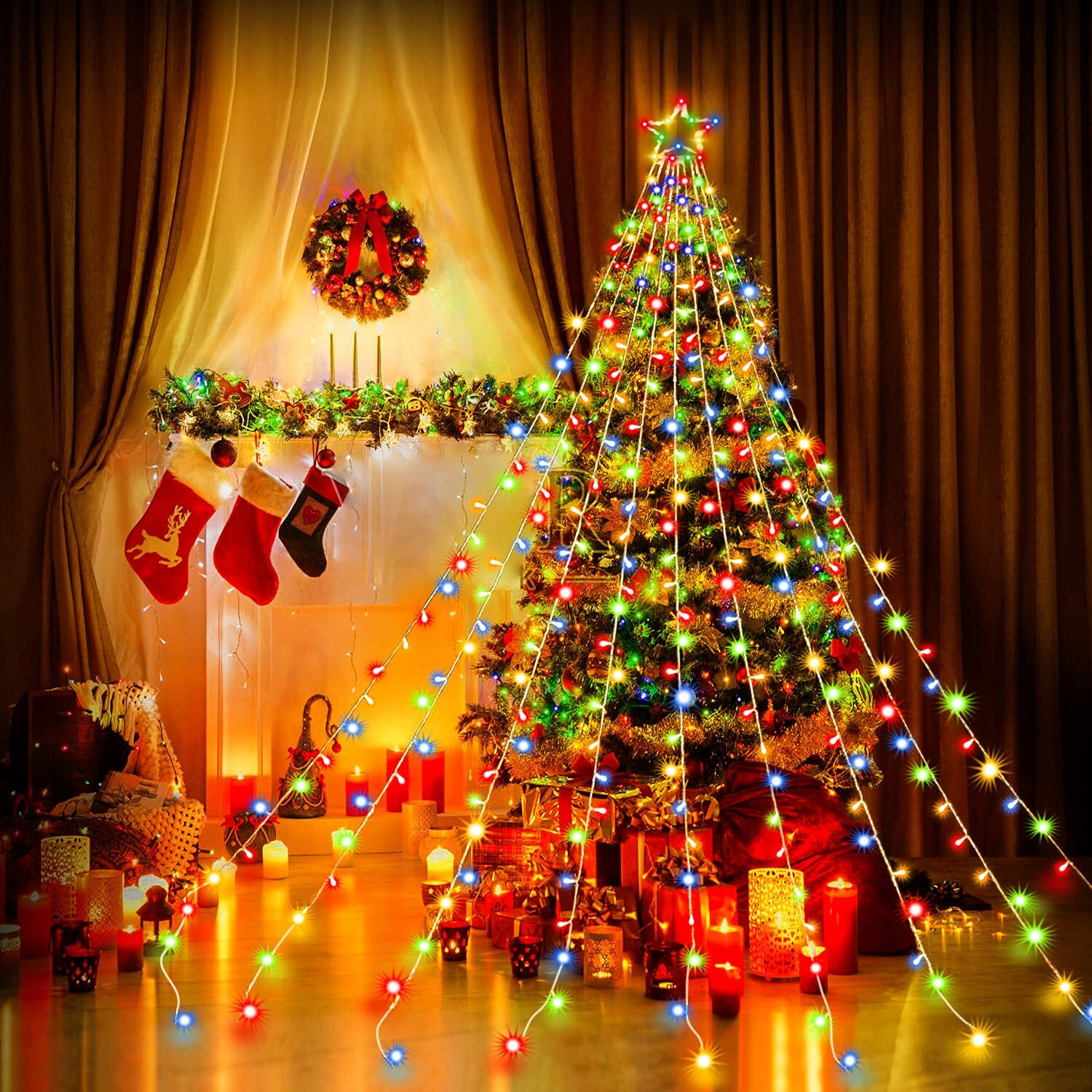 Qulist Christmas Decoration Star Lights Outdoor,317 Led 16.4Ft Christmas Tree Toppers String Lights[8 Modes& Waterproof] For Halloween Xmas New Year Holiday Birthday (Iron-Multicolor)
