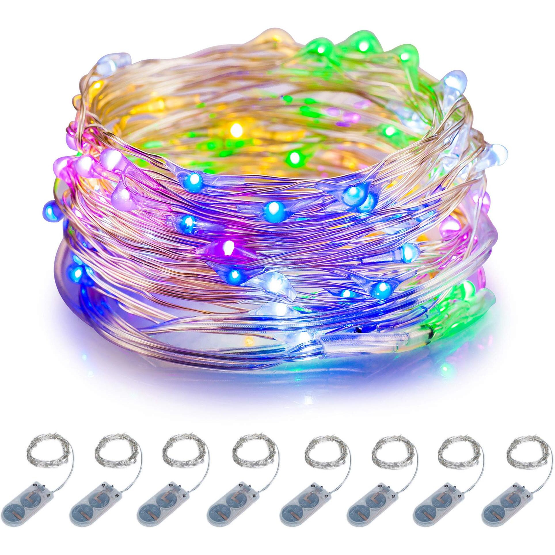 Itart Micro Led String Lights Battery Powered 8 Packs Multi Color Mini Fairy Light 20 Led Ultra Thin Silver Wire Rope Lights For Christmas Halloween Mardi Gras Wedding Parties Bedroom