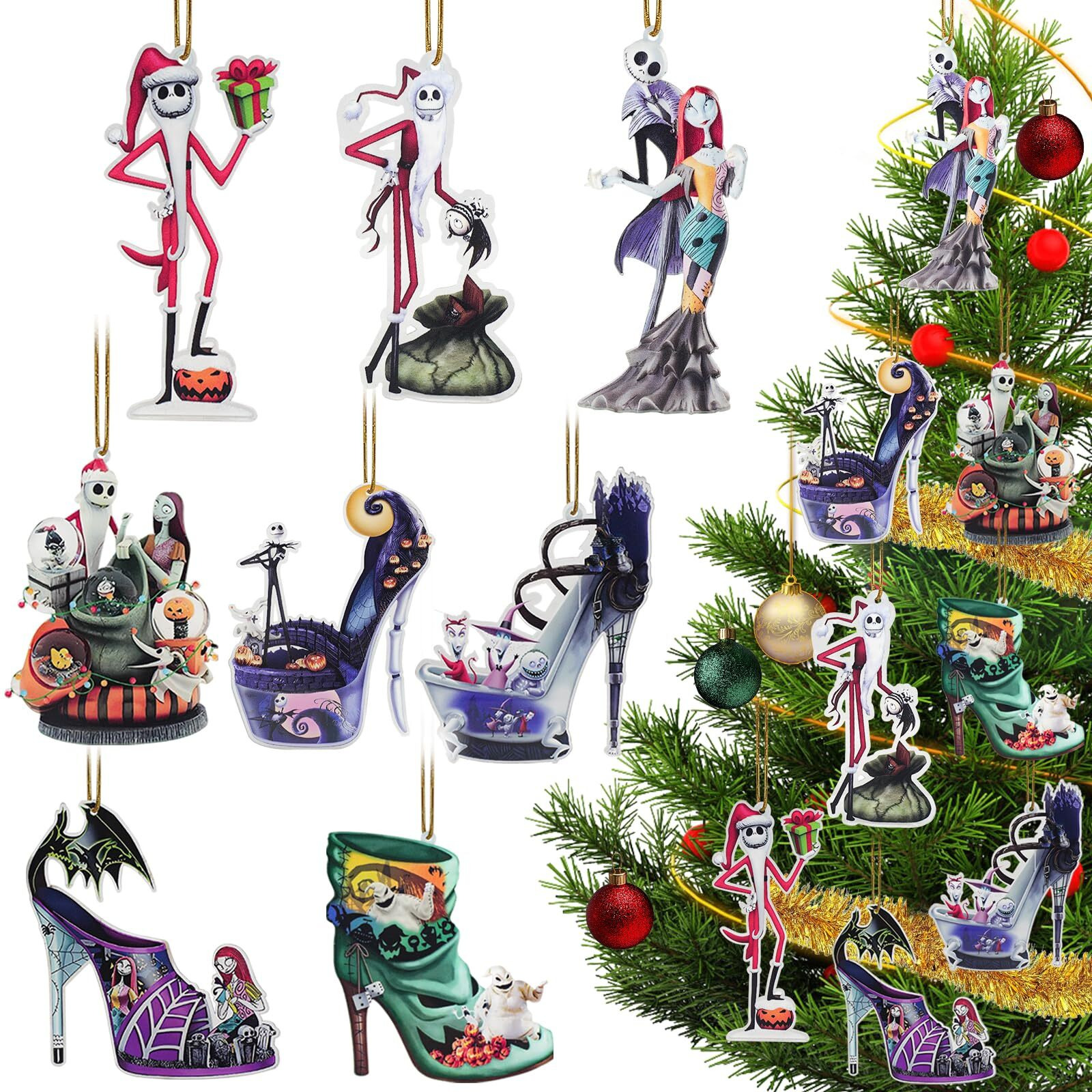 Gadluckki 2024 Nightmare Before Christmas Tree Decorations, 8Pcs Acrylic Cute Jack And Sa&Lly Hanging, 2D Flat Halloween Movie Character Ornaments And Scary Decor 10Cm/3.93In