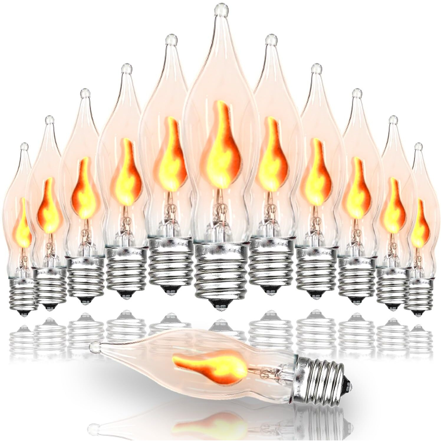 Halloween C7 Flame Light Bulbs Flickering Light Bulbs, 12 Pack Clear Glass Shell Flame Effect Light Bulb As C7 Replacement Bulbs For Flame String Lights & Christmas Halloween Decor, E12 Base - 1W