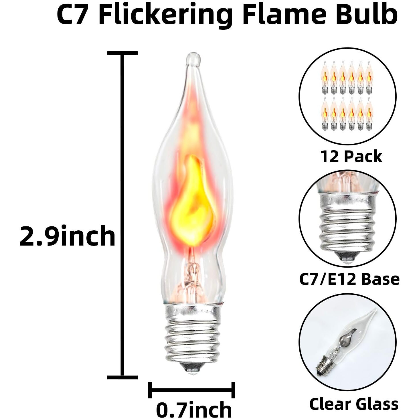 Halloween C7 Flame Light Bulbs Flickering Light Bulbs, 12 Pack Clear Glass Shell Flame Effect Light Bulb As C7 Replacement Bulbs For Flame String Lights & Christmas Halloween Decor, E12 Base - 1W