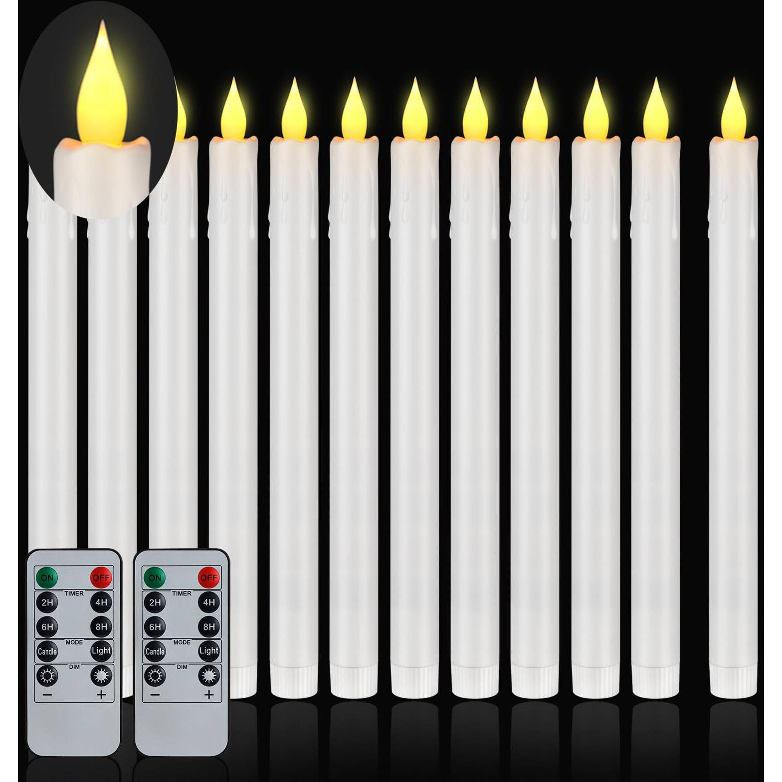 Wemarry Flameless Taper Candles 10.6"" Dripless Battery Operated Window Candles Included Remote Timer 400+ Hours By 2Aa Batteries For Home Decor Halloween Christmas Wedding(White,12 Pack)