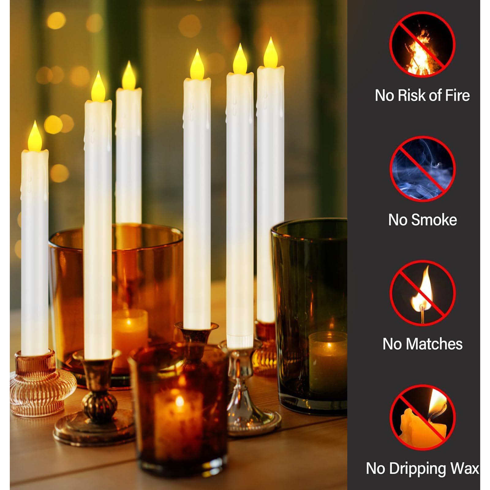 Wemarry Flameless Taper Candles 10.6"" Dripless Battery Operated Window Candles Included Remote Timer 400+ Hours By 2Aa Batteries For Home Decor Halloween Christmas Wedding(White,12 Pack)