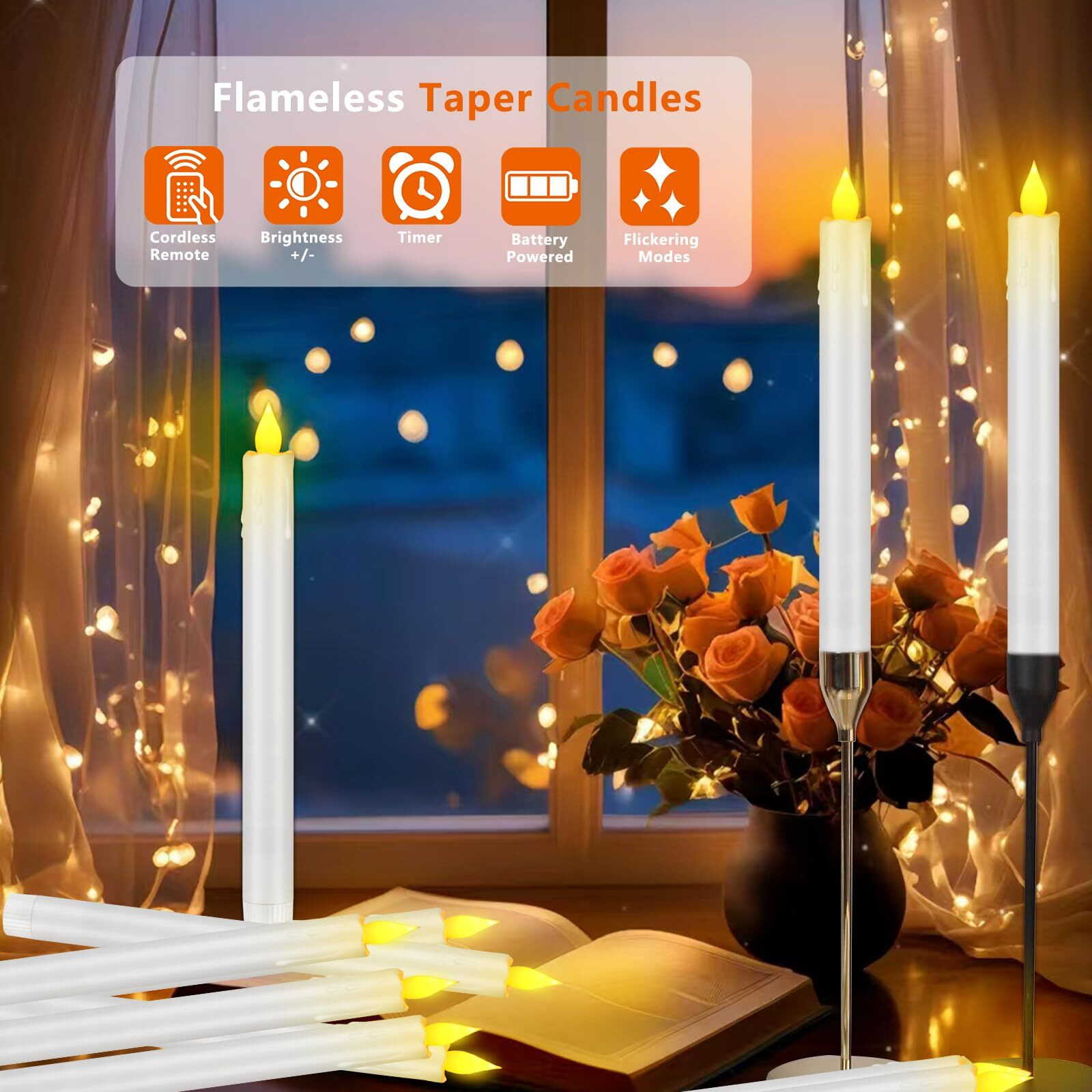 Wemarry Flameless Taper Candles 10.6"" Dripless Battery Operated Window Candles Included Remote Timer 400+ Hours By 2Aa Batteries For Home Decor Halloween Christmas Wedding(White,12 Pack)