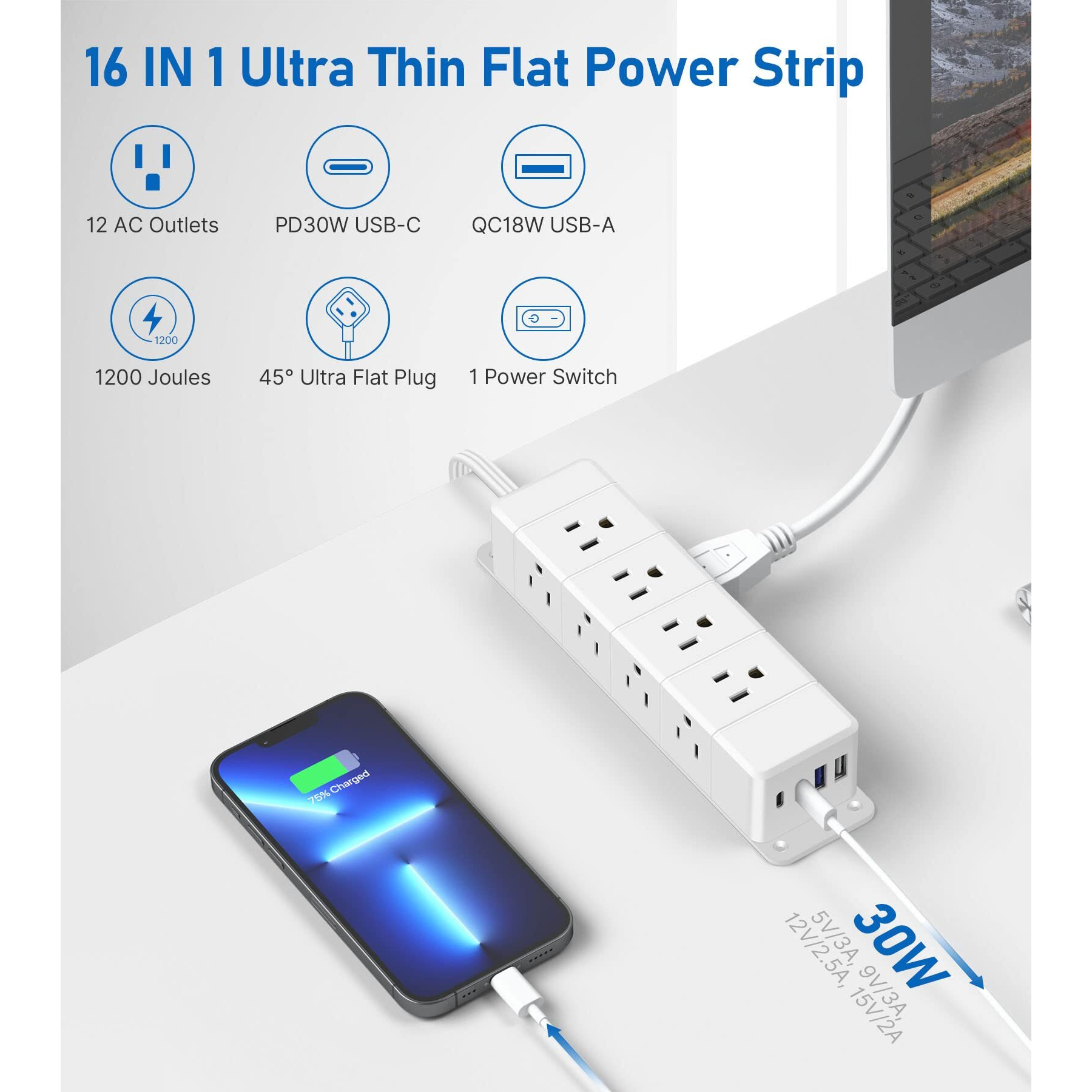 30W Usb C Power Strip Surge Protector,4 Side 12 Outlets Desk Power Strip With Ultra Thin Flat Plug,Pd Fast Charing,2 Usb-C,2 Usb-A(Usb Total 40W),10Ft Flat Extension Cord With Multiple Outlets,1200J