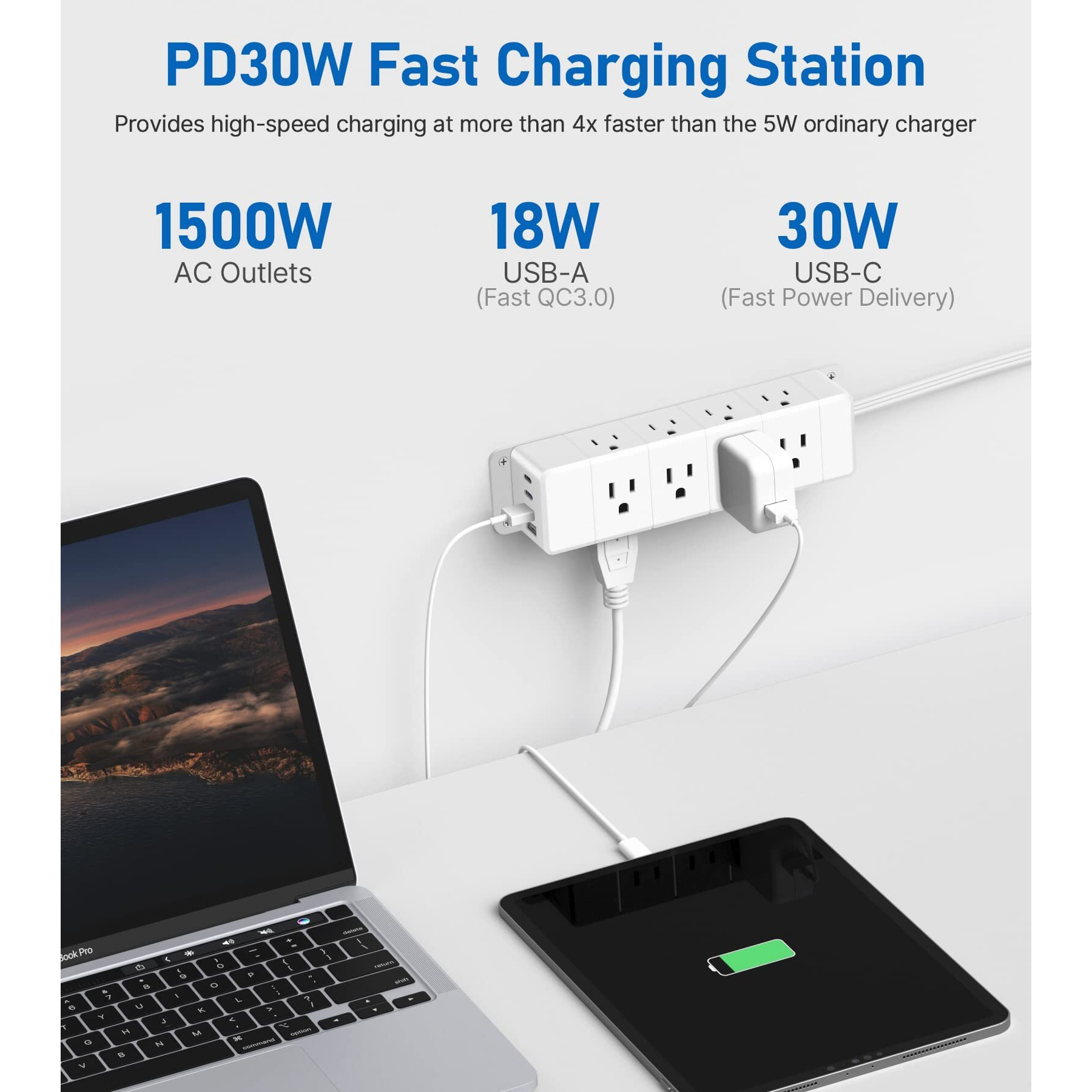 30W Usb C Power Strip Surge Protector,4 Side 12 Outlets Desk Power Strip With Ultra Thin Flat Plug,Pd Fast Charing,2 Usb-C,2 Usb-A(Usb Total 40W),10Ft Flat Extension Cord With Multiple Outlets,1200J