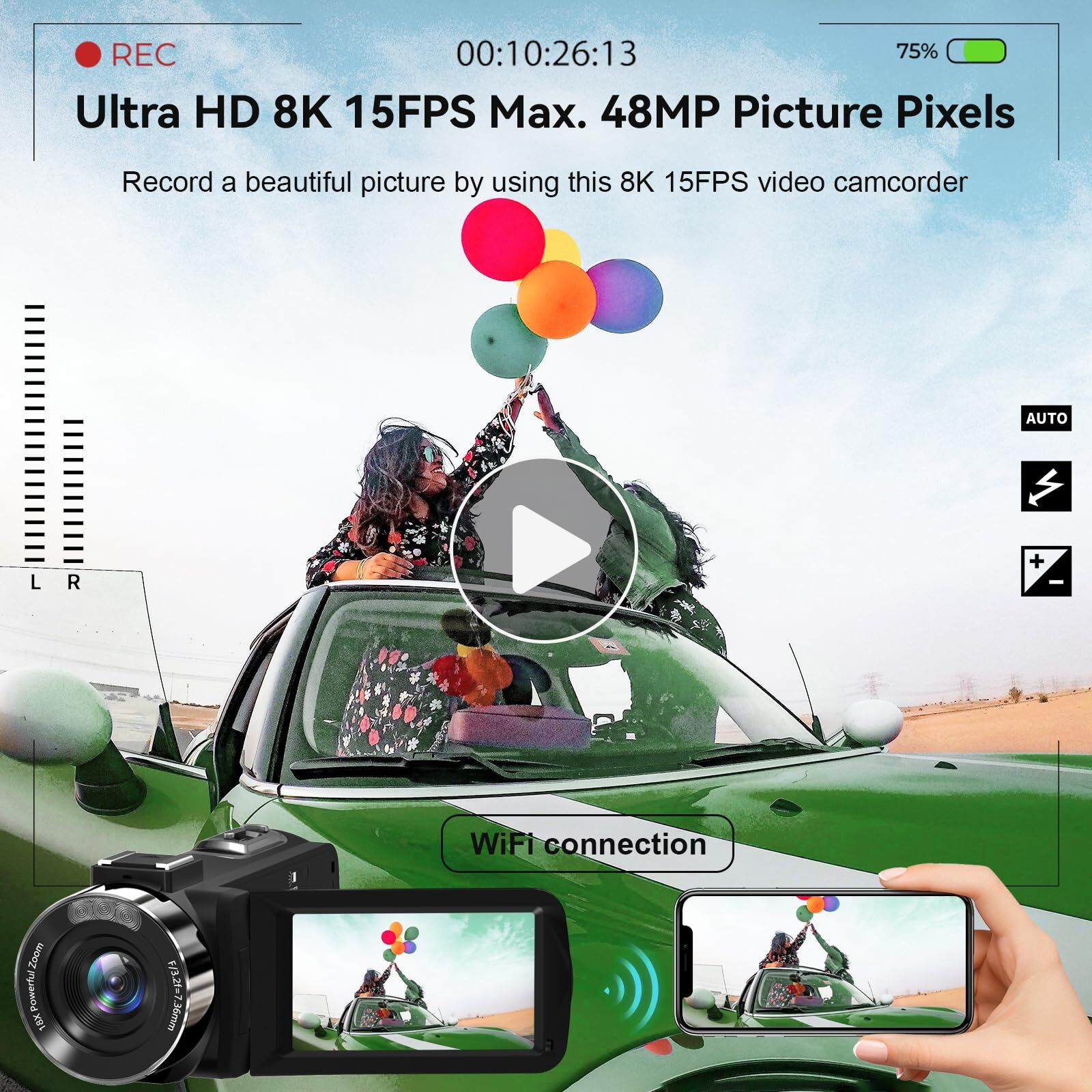 Video Camera, 8K Camcorder 48Mp 15Fps Uhd Wifi Vlogging Camera With Ir Night Vision For Youtube, 3"" Touch Screen 18X Digital Zoom, With Fill Light, Mic, Stabilizer, Lens Hood, Remote And 2 Batteries
