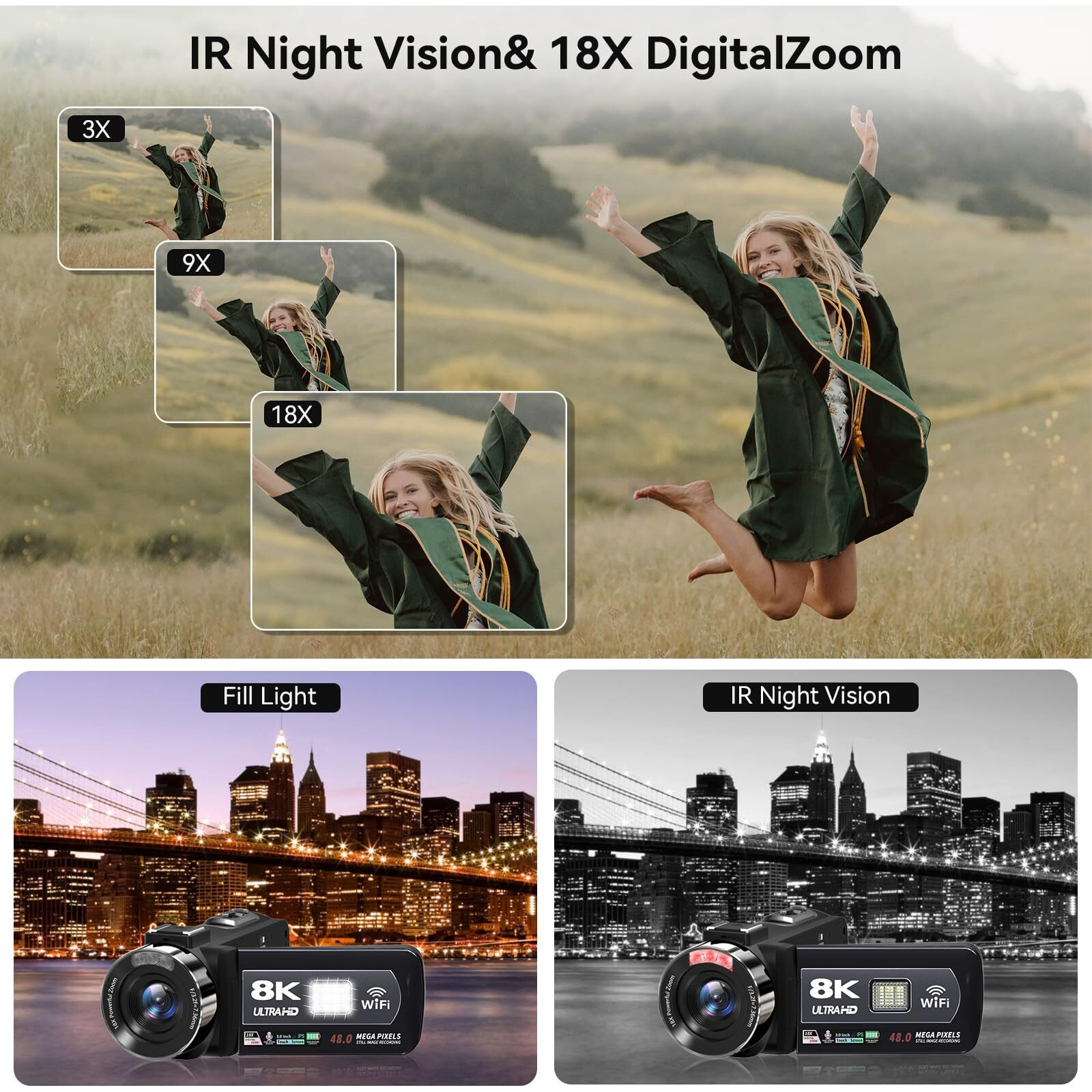 Video Camera, 8K Camcorder 48Mp 15Fps Uhd Wifi Vlogging Camera With Ir Night Vision For Youtube, 3"" Touch Screen 18X Digital Zoom, With Fill Light, Mic, Stabilizer, Lens Hood, Remote And 2 Batteries